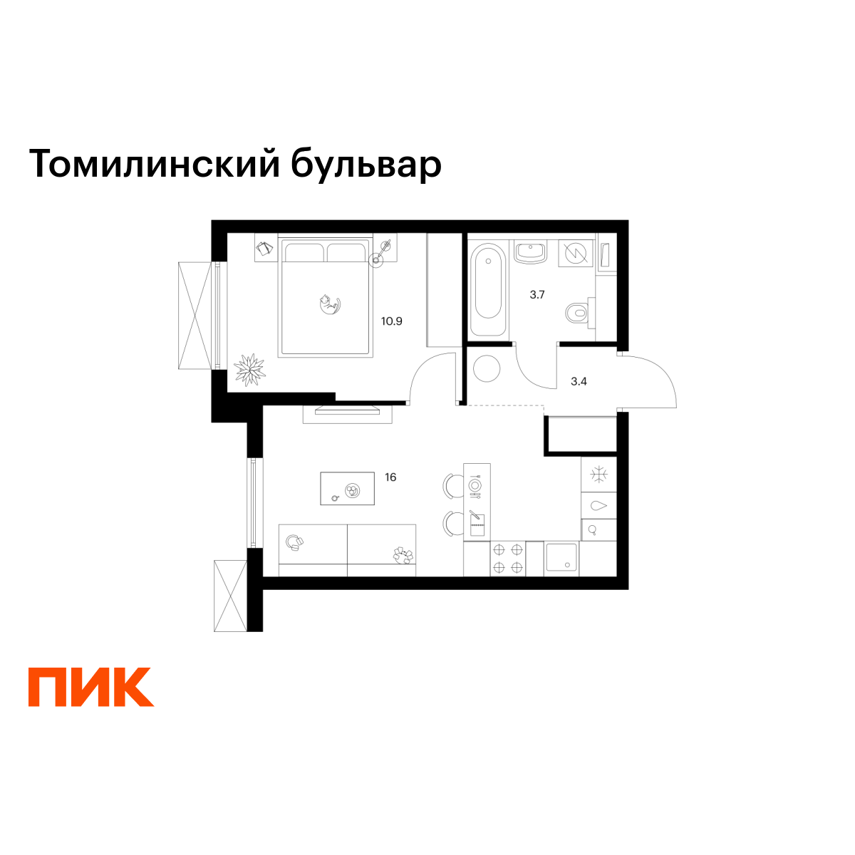 1-комнатная, 34 м2, Томилинский бульвар
