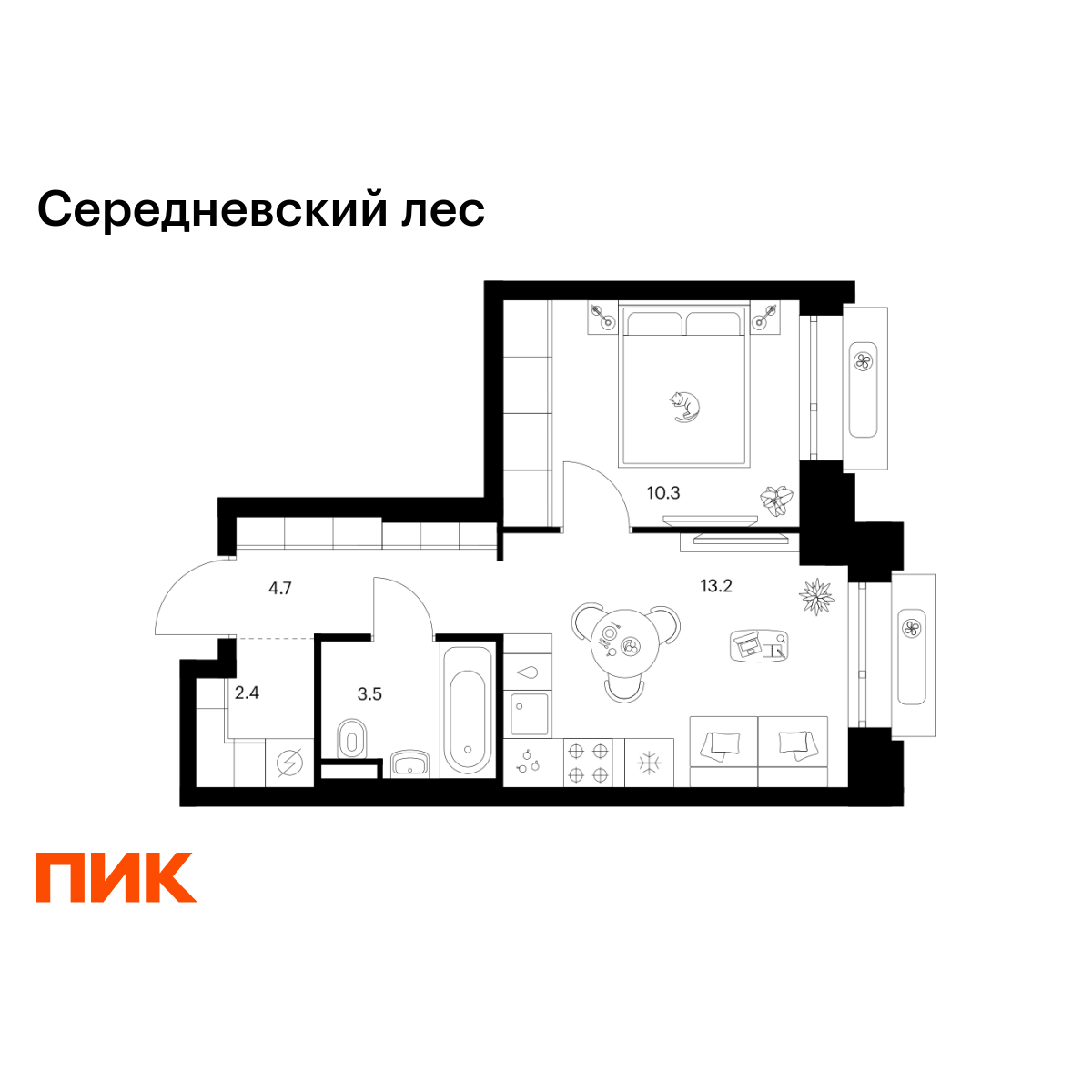 1-комнатная квартира, 34.1 кв.м, Середневский лес 1-комнатная квартира, 34.1 кв.м, Середневский лес