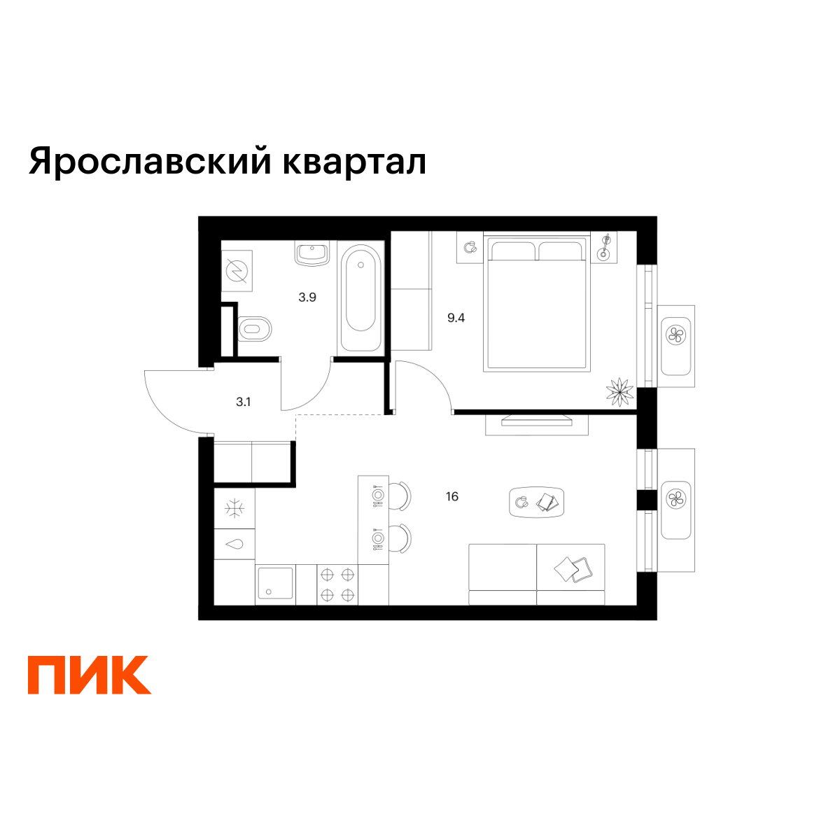 1-комнатная, 32.4 м2, Ярославский квартал