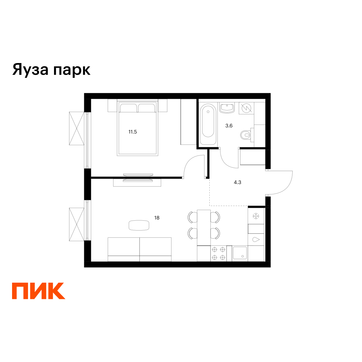 1-комнатная квартира, 37.4 кв.м, Яуза парк