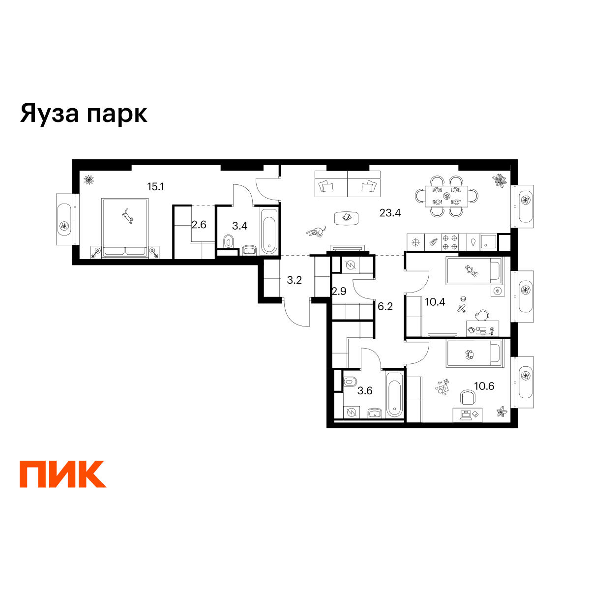 3-комнатная квартира, 81.4 кв.м, Яуза парк
