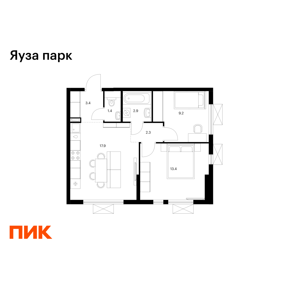 2-комнатная квартира, 50.5 кв.м, Яуза парк 2-комнатная квартира, 50.5 кв.м, Яуза парк