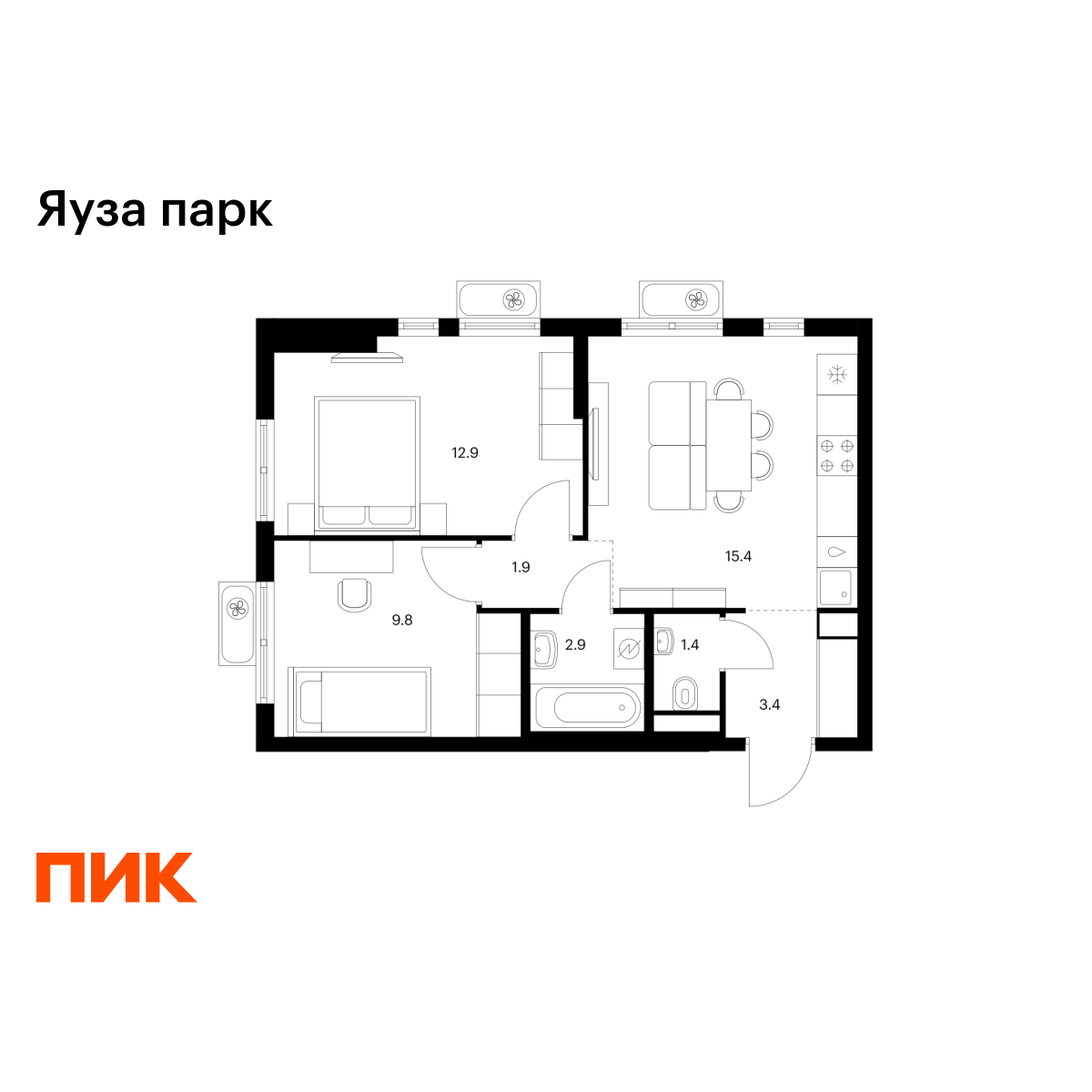 2-комнатная квартира, 47.7 кв.м, Яуза парк 2-комнатная квартира, 47.7 кв.м, Яуза парк