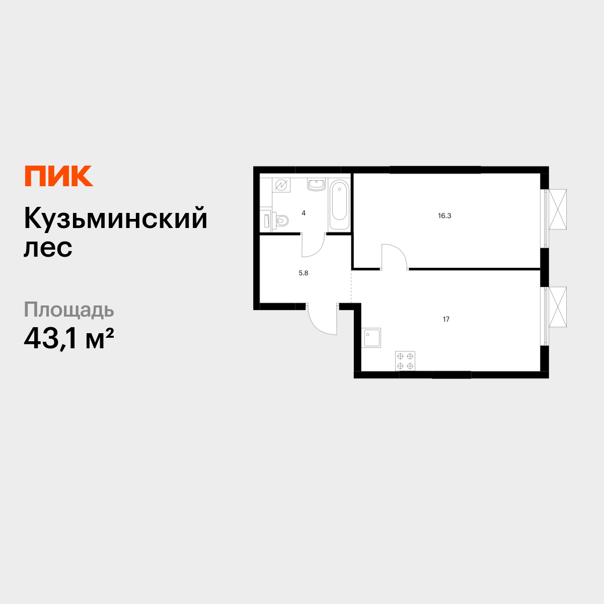 1-комнатная квартира, 43.1 кв.м, Кузьминский лес 1-комнатная квартира, 43.1 кв.м, Кузьминский лес