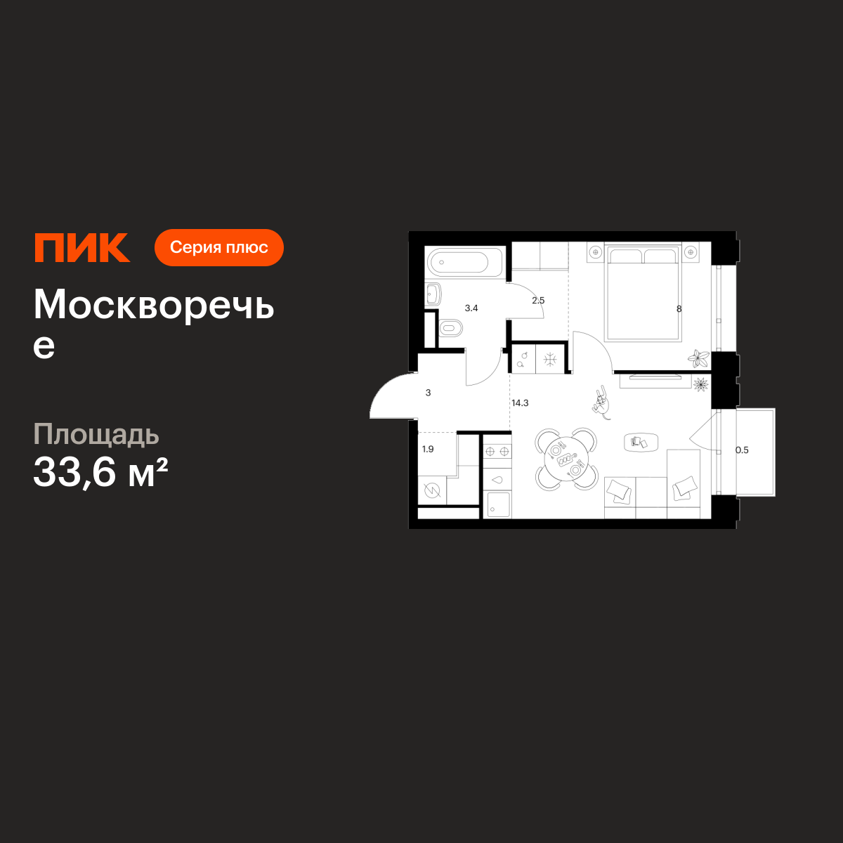1-комнатная, 33.6 м2, Москворечье