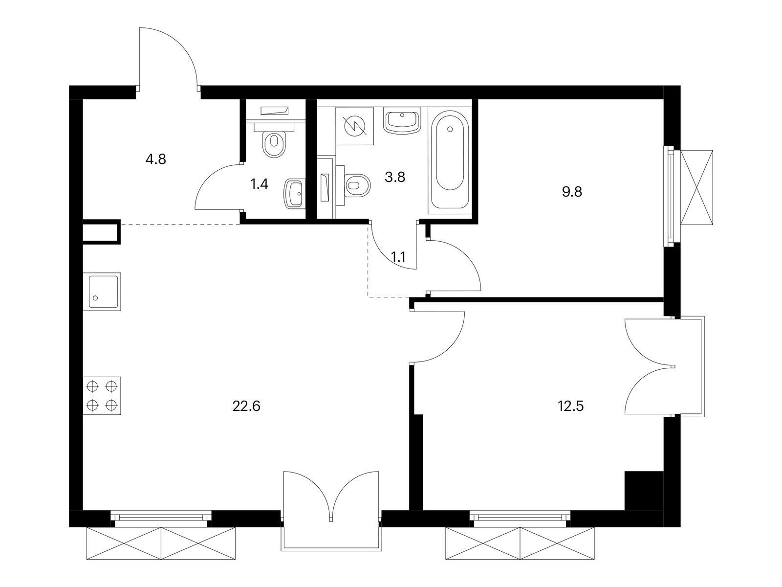 2-комнатная, 56 м2, Красноказарменная 15