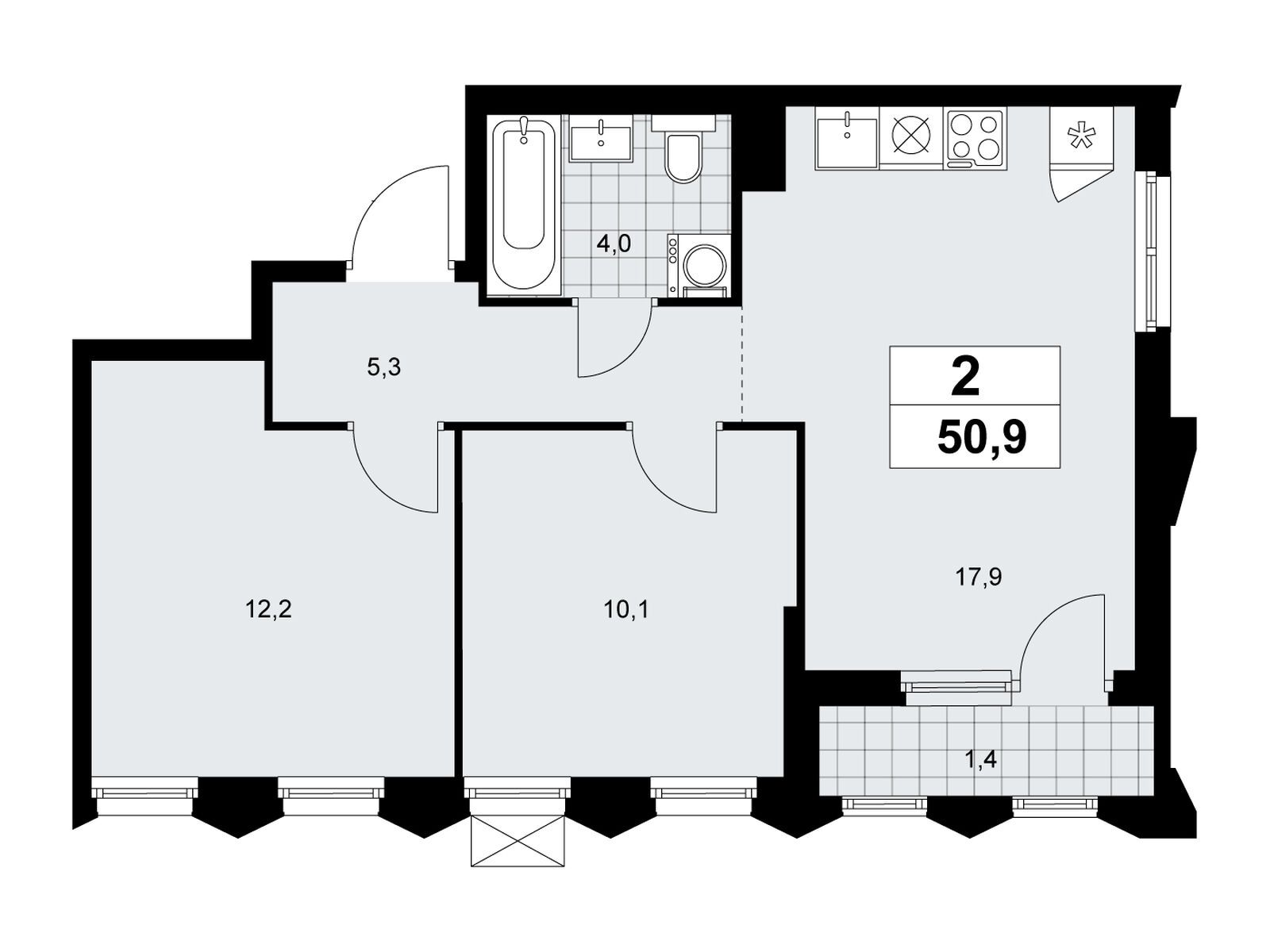 2-комнатная, 50.9 м2, ЖК «Деснаречье» 2-комнатная, 50.9 м2, ЖК «Деснаречье»