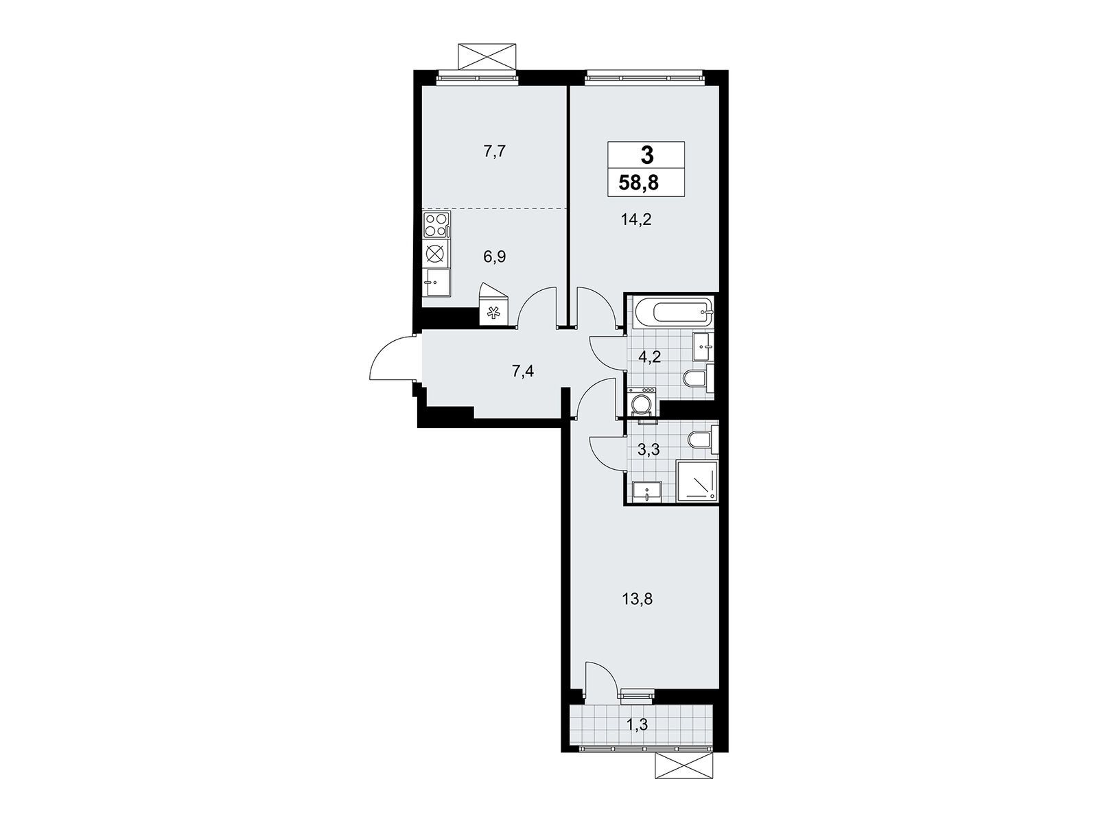 3-комнатная квартира, 58.9 кв.м, ЖК «Дзен-кварталы»