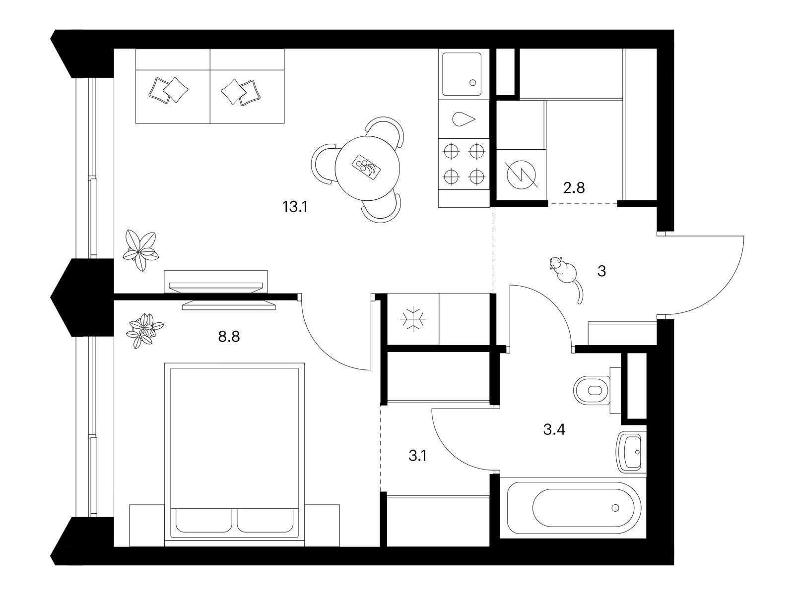 1-комнатная квартира, 34.2 кв.м, Матвеевский парк
