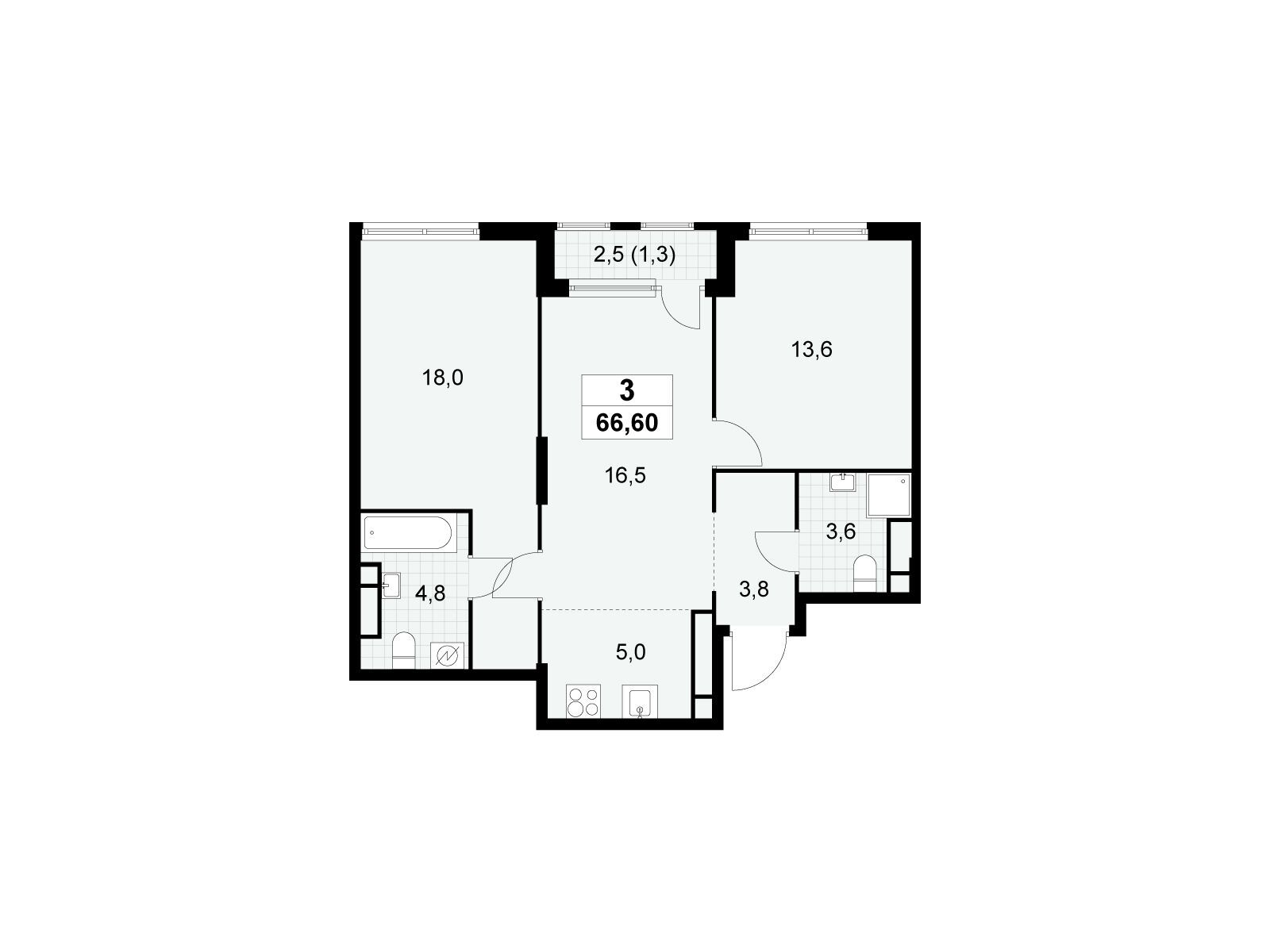 3-комнатная квартира, 66.6 кв.м, ЖК «Южные сады» 3-комнатная квартира, 66.6 кв.м, ЖК «Южные сады»