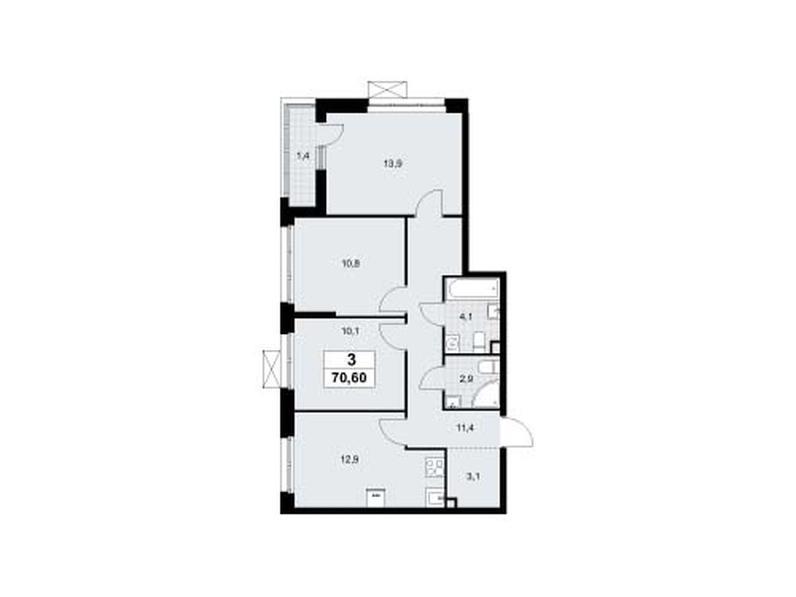 3-комнатная квартира, 70.6 кв.м, ЖК «Родные кварталы»