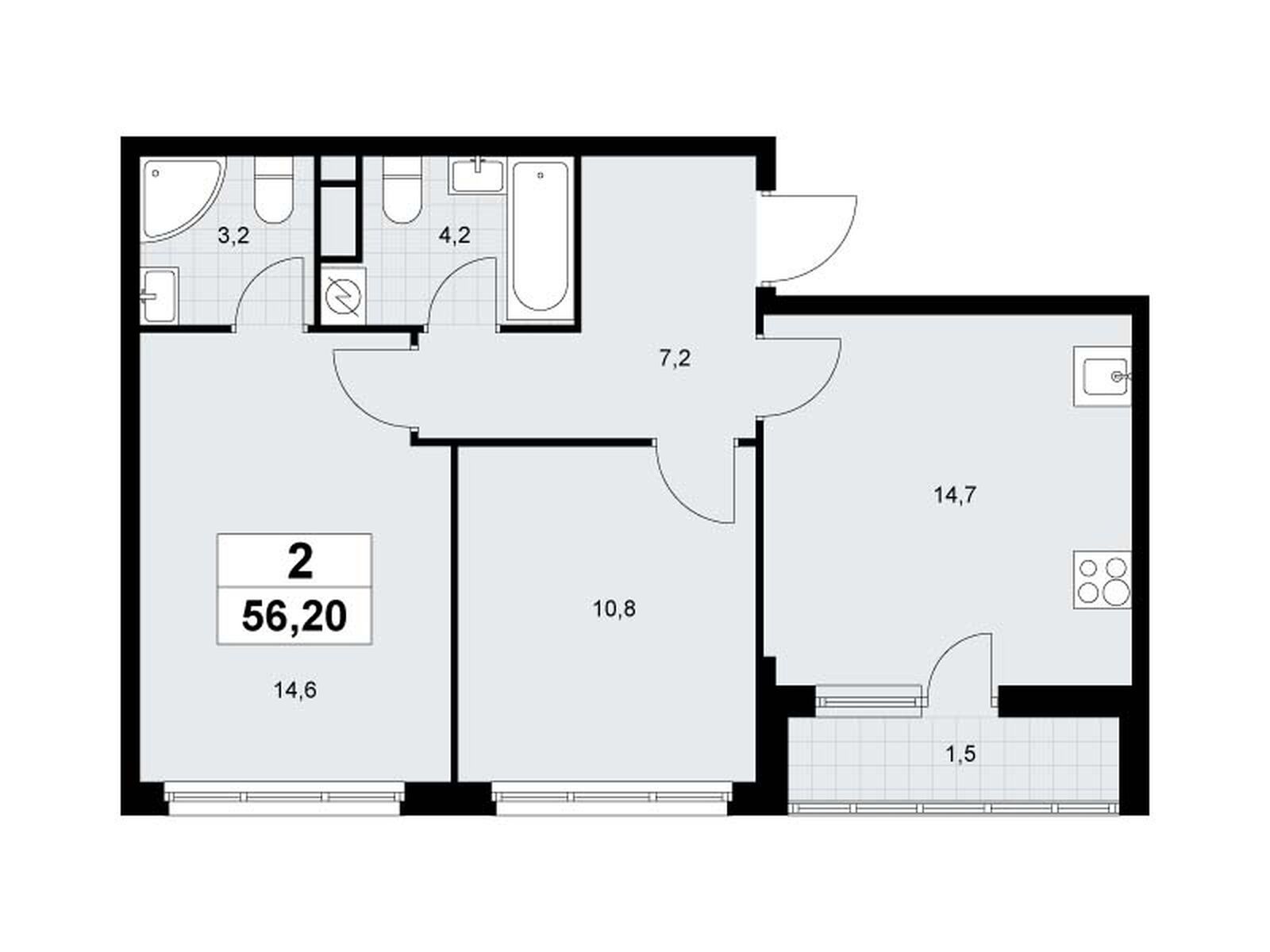 2-комнатная, 56.2 м2, ЖК «Родные кварталы» 2-комнатная, 56.2 м2, ЖК «Родные кварталы»