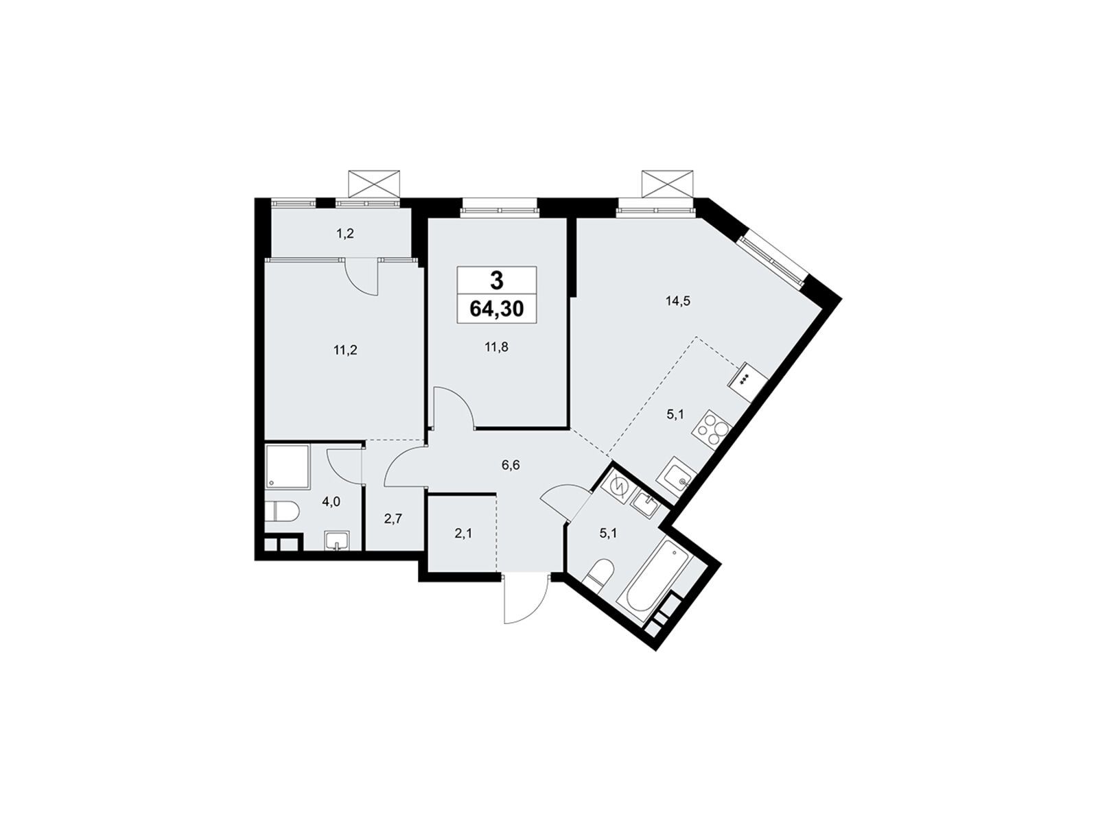 3-комнатная, 64.1 м2, «Дом на Зорге»