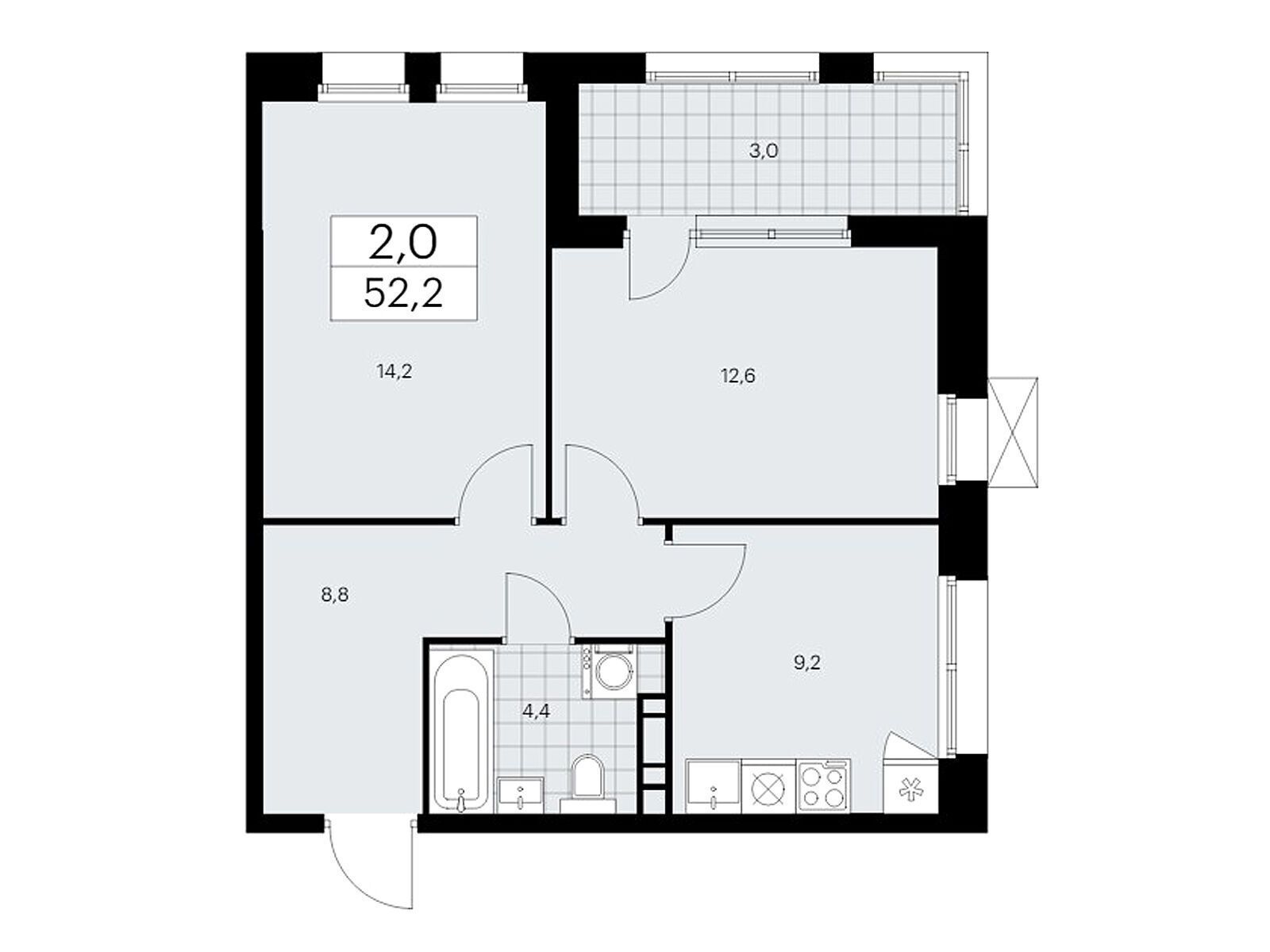 2-комнатная квартира, 52.3 кв.м, ЖК «Бунинские Кварталы»