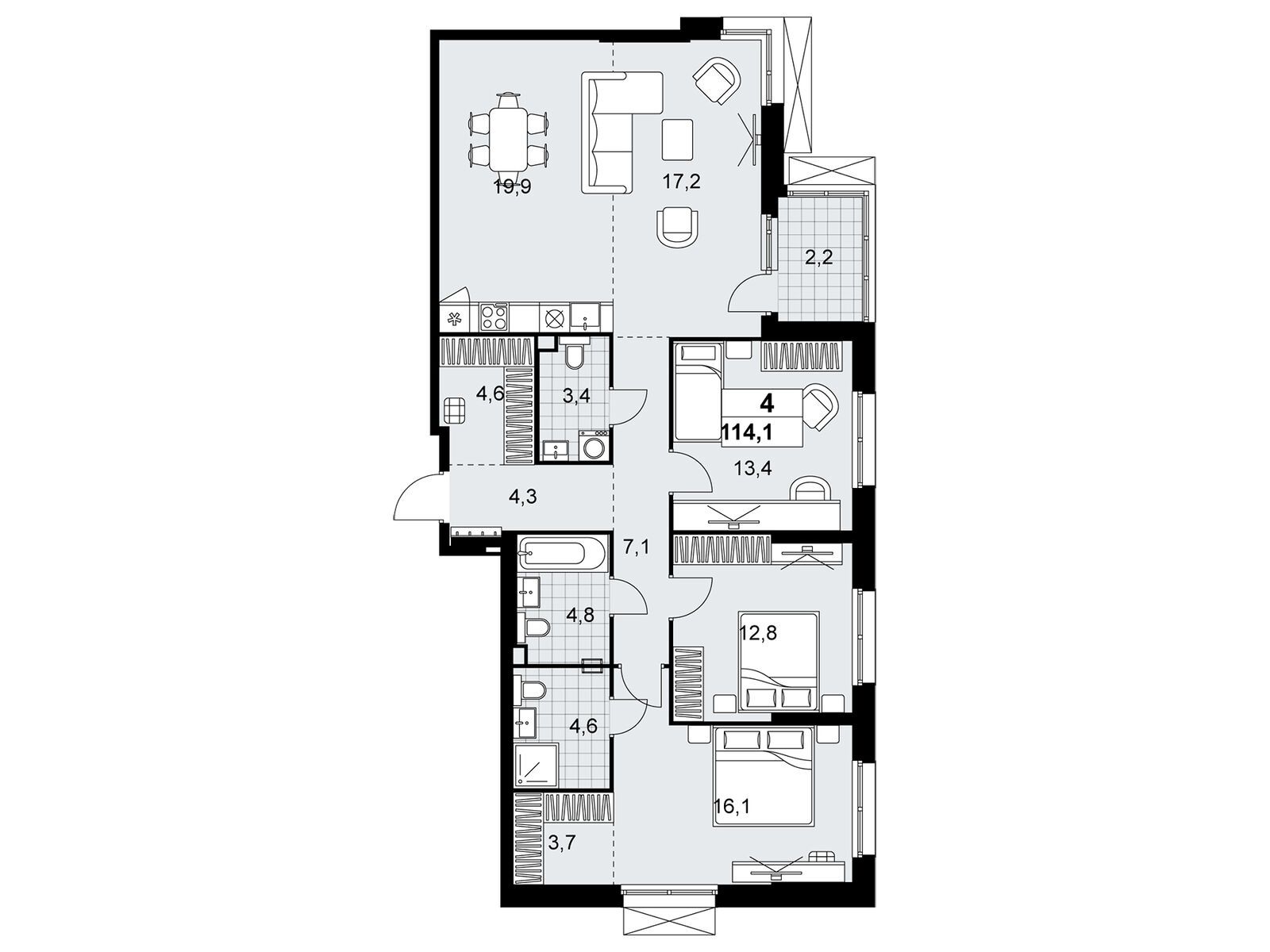 4-комнатная квартира, 114.1 кв.м, ЖК «Дзен-кварталы»