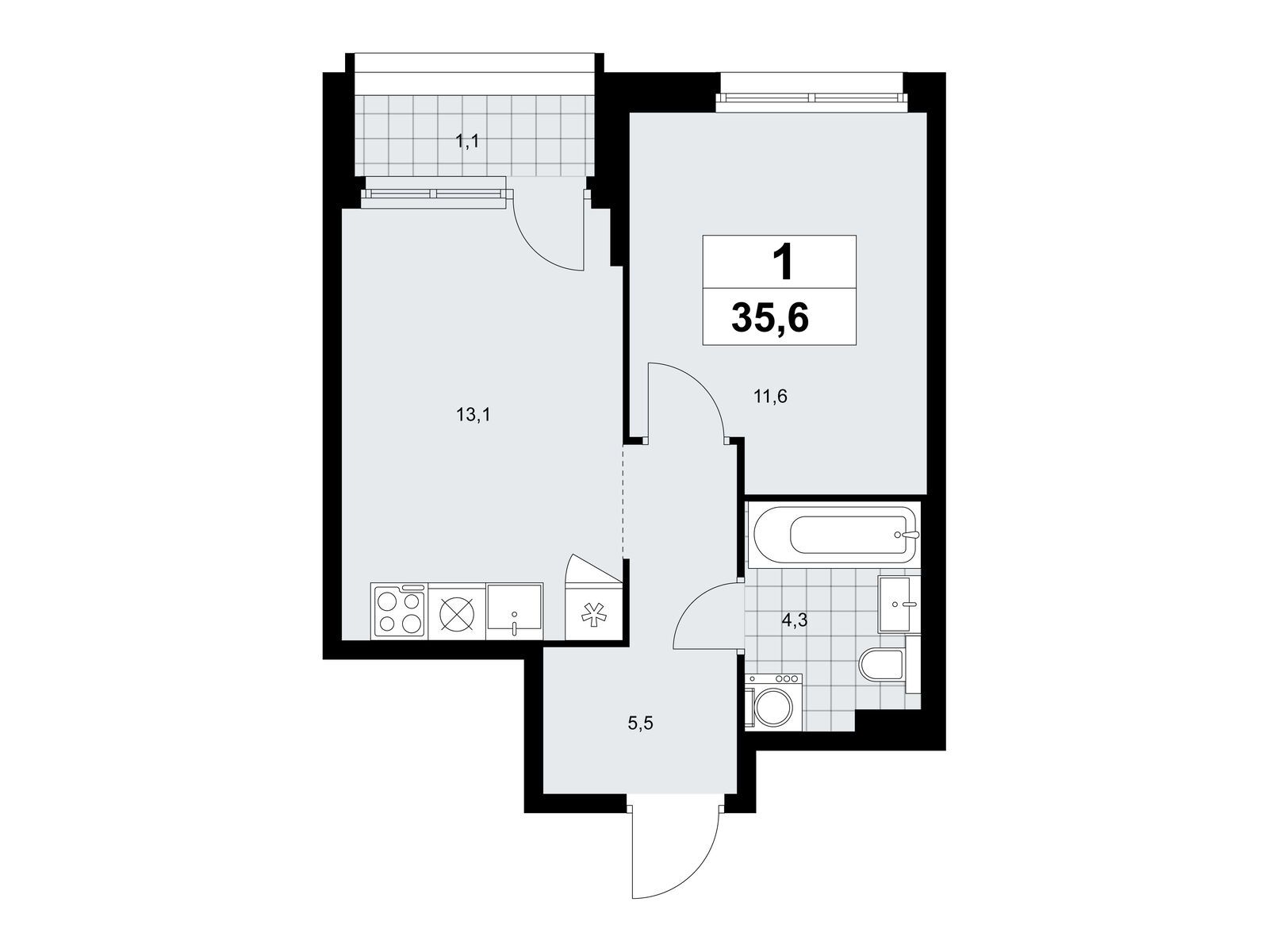 1-комнатная, 35.6 м2, ЖК «Прокшино» 1-комнатная, 35.6 м2, ЖК «Прокшино»