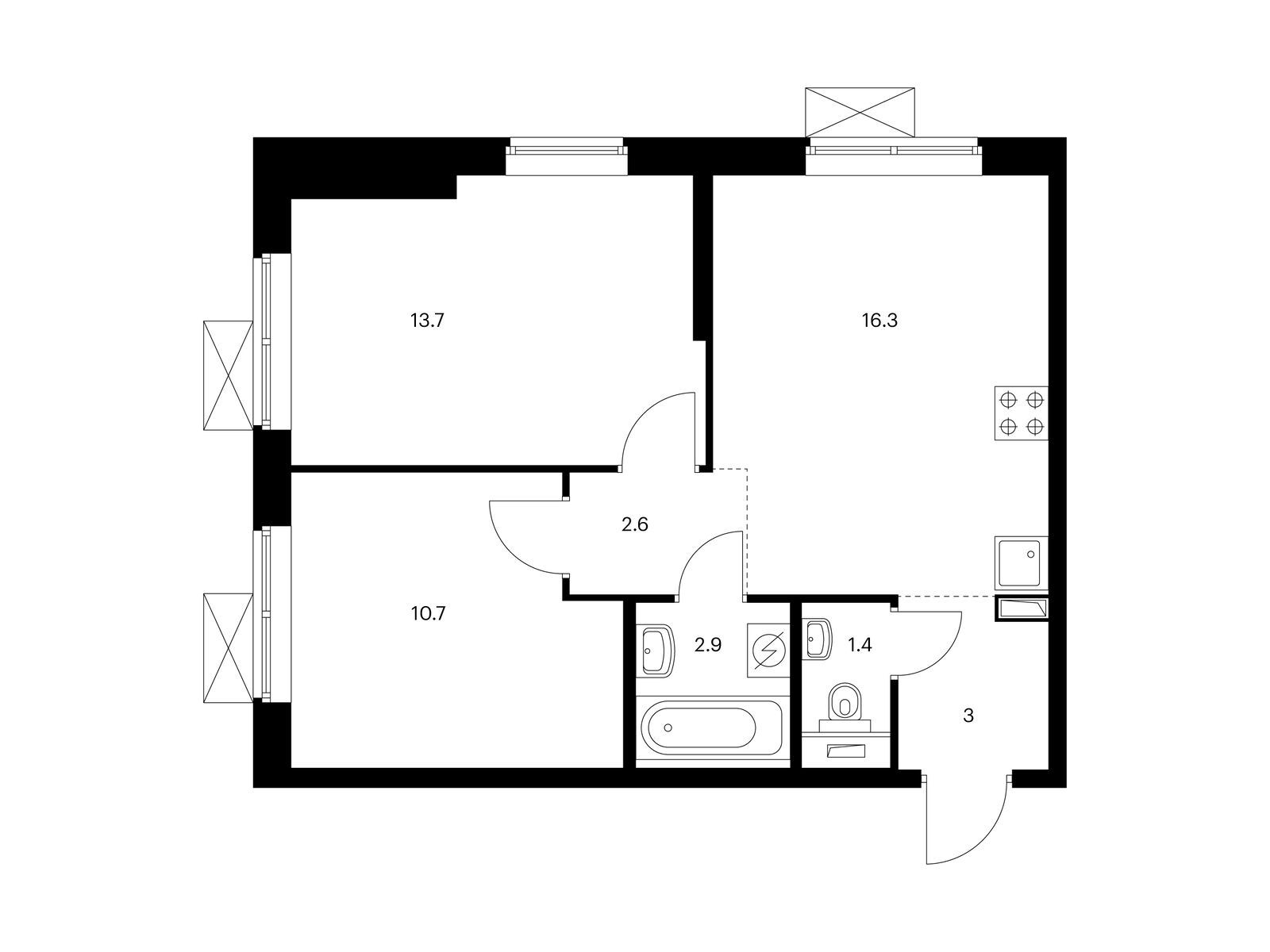 2-комнатная, 50.6 м2, Кронштадтский 14