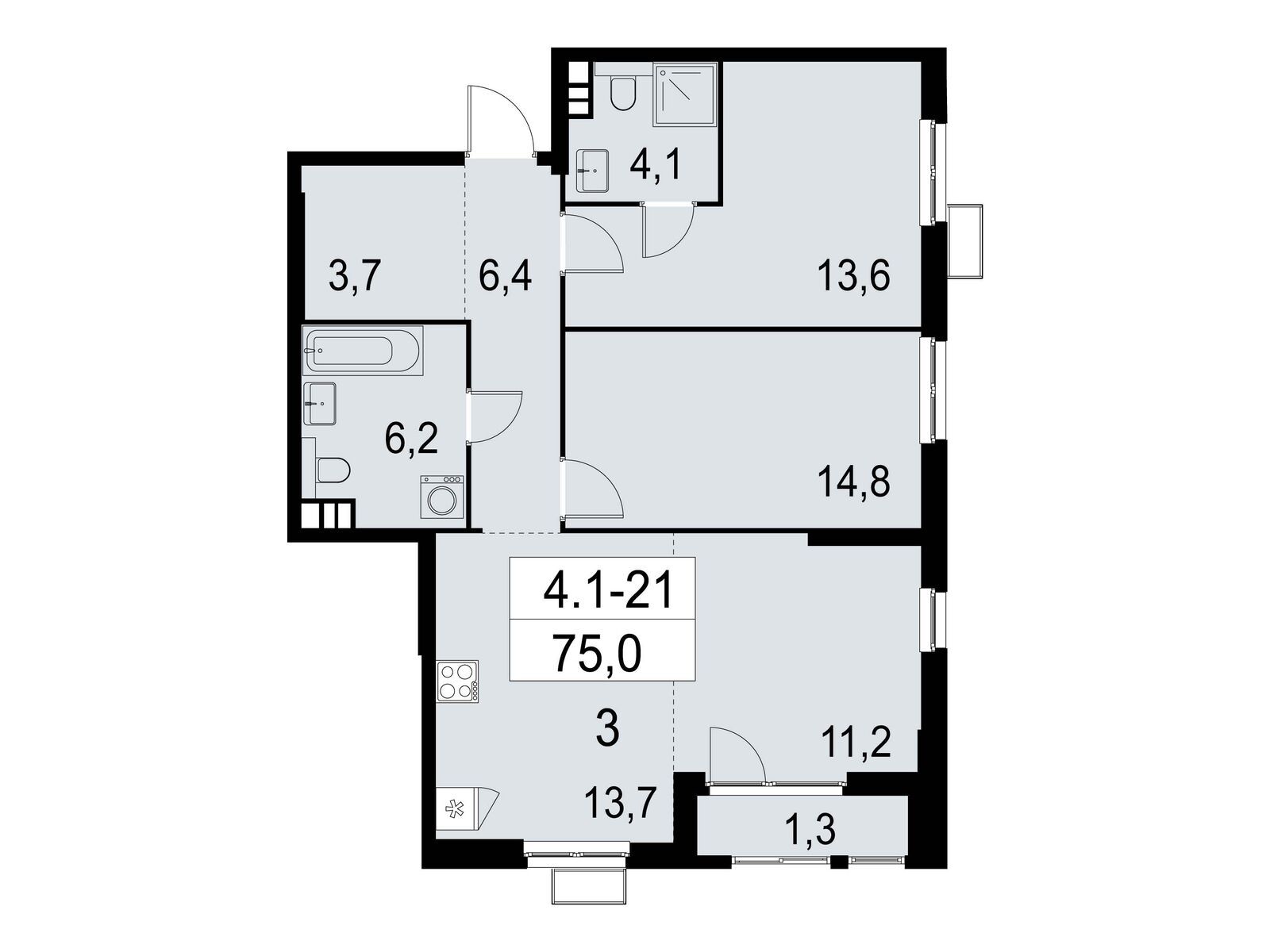 3-комнатная, 75.2 м2, ЖК «Южные сады»