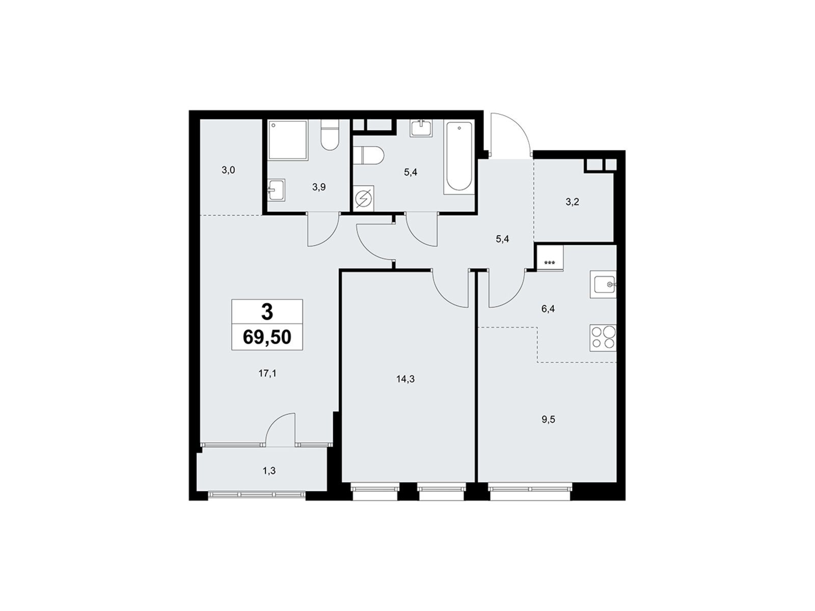 3-комнатная, 69.4 м2, «Дом на Зорге»