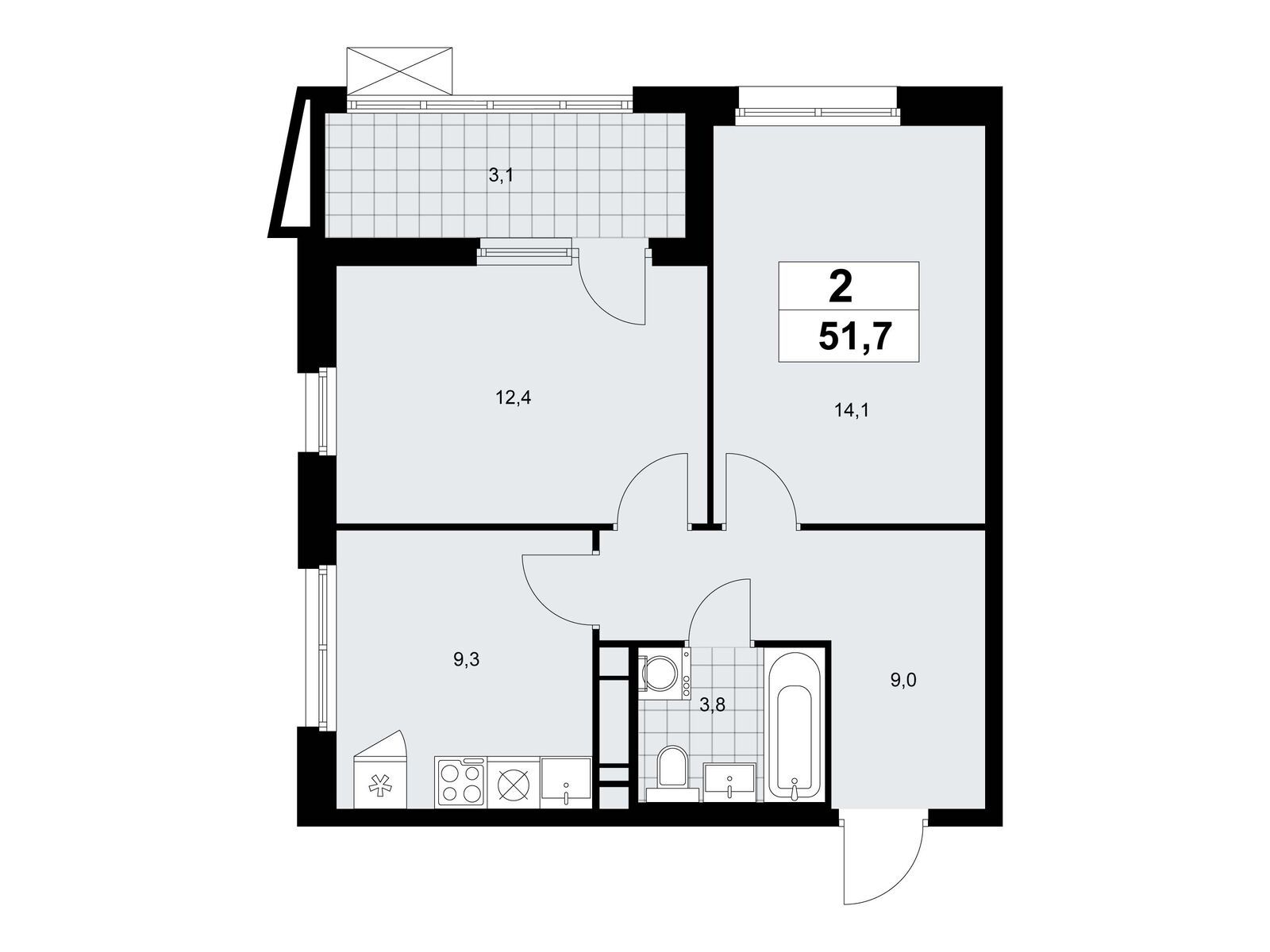 2-комнатная, 51.7 м2, ЖК «Прокшино» 2-комнатная, 51.7 м2, ЖК «Прокшино»