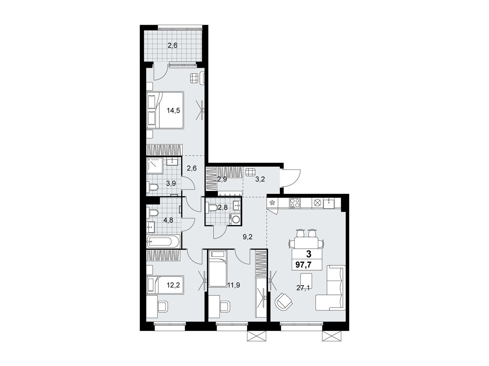3-комнатная, 97.7 м2, ЖК «Дзен-кварталы» 3-комнатная, 97.7 м2, ЖК «Дзен-кварталы»