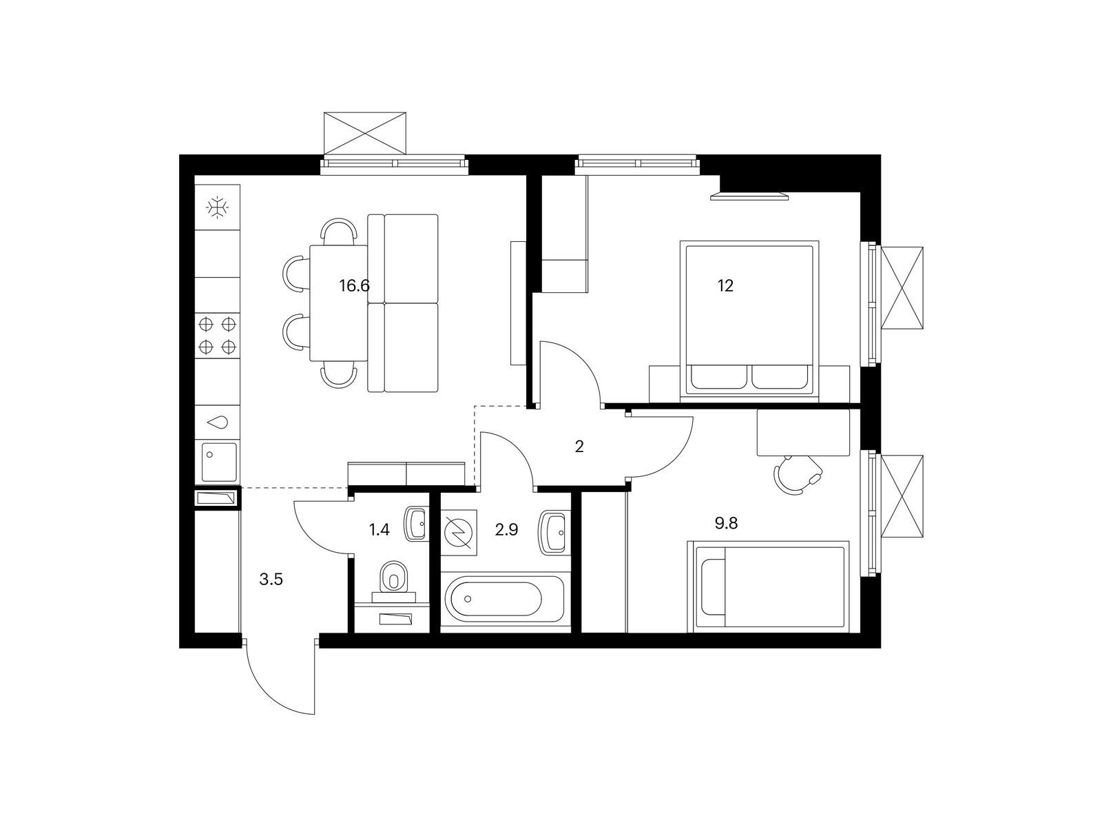 2-комнатная квартира, 48.2 кв.м, Юнино
