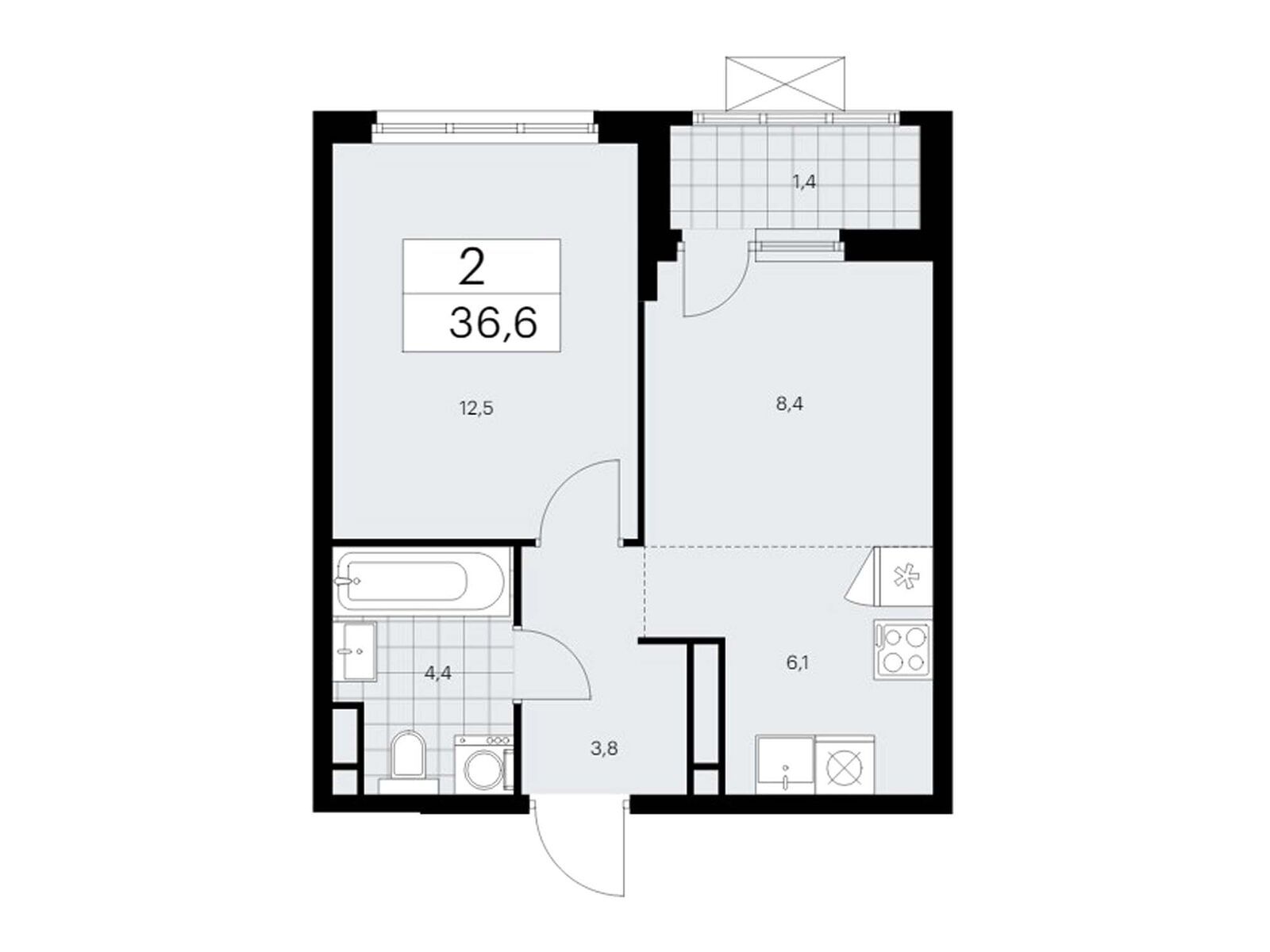2-комнатная, 36.6 м2, ЖК «Прокшино»