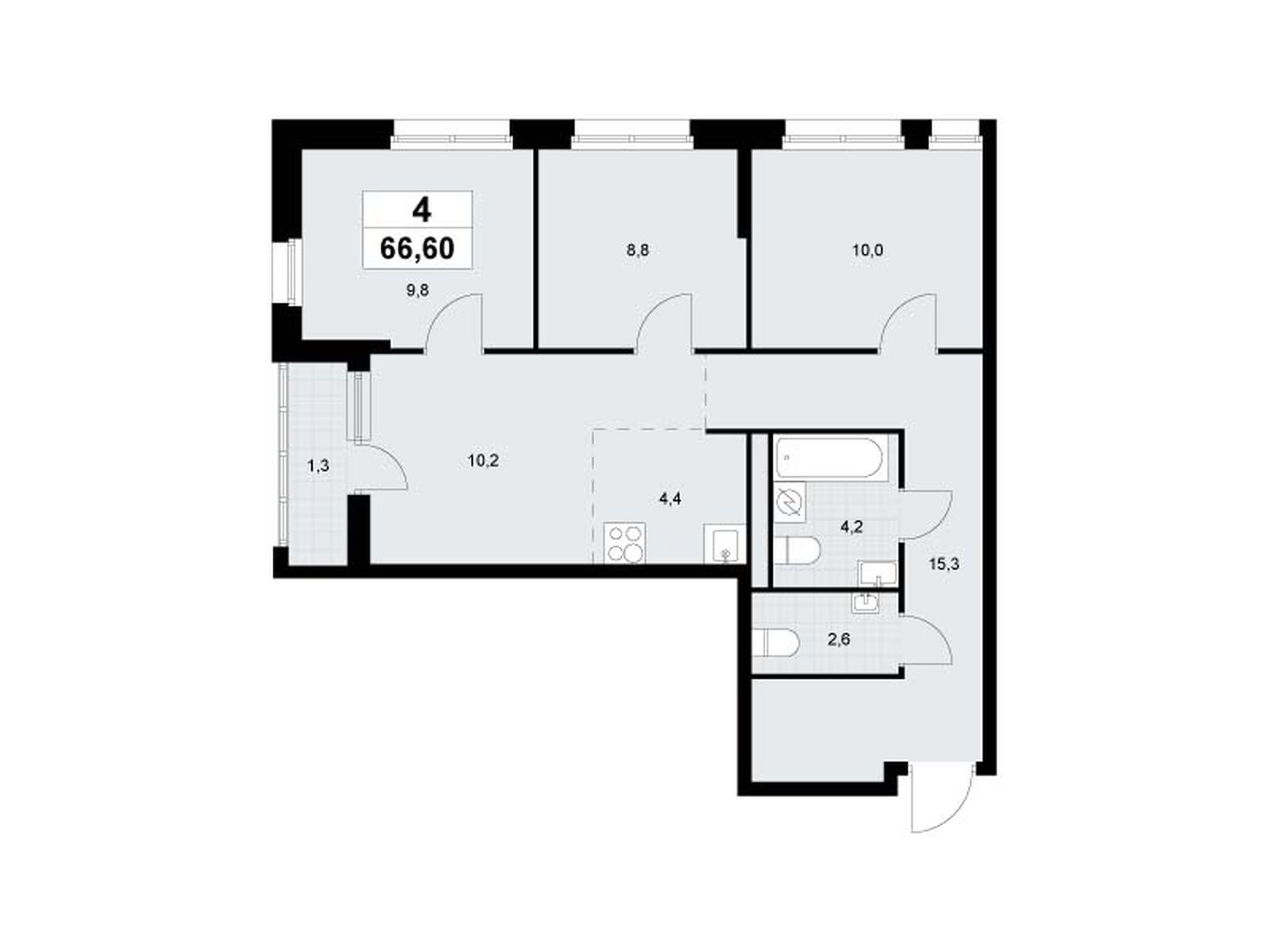 4-комнатная, 66.6 м2, ЖК «Родные кварталы»