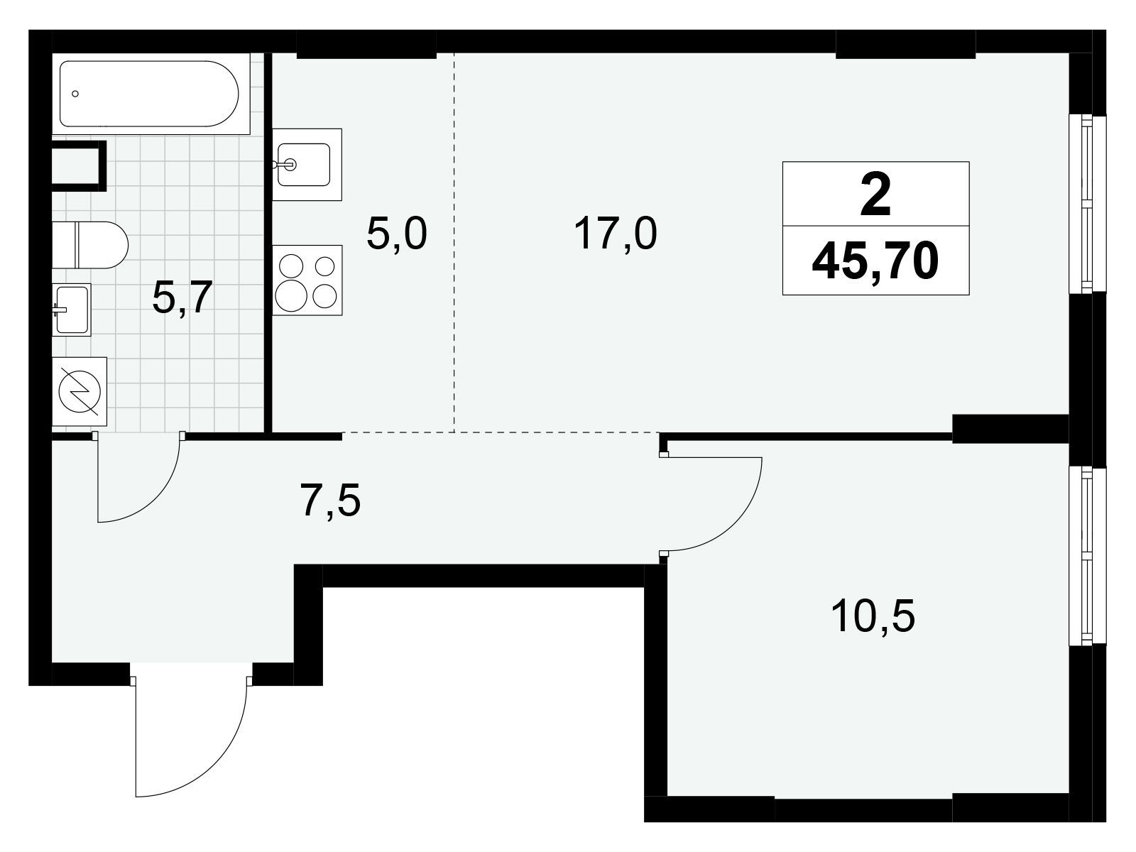 2-комнатная, 45.7 м2, ЖК «Южные сады» 2-комнатная, 45.7 м2, ЖК «Южные сады»