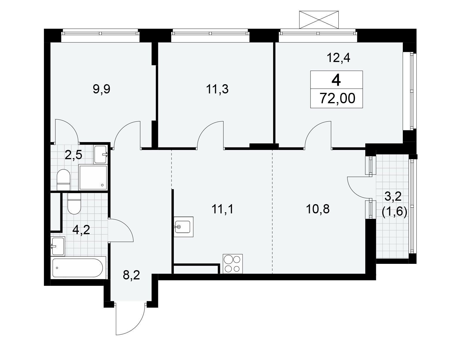 4-комнатная, 71.7 м2, ЖК «Прокшино»