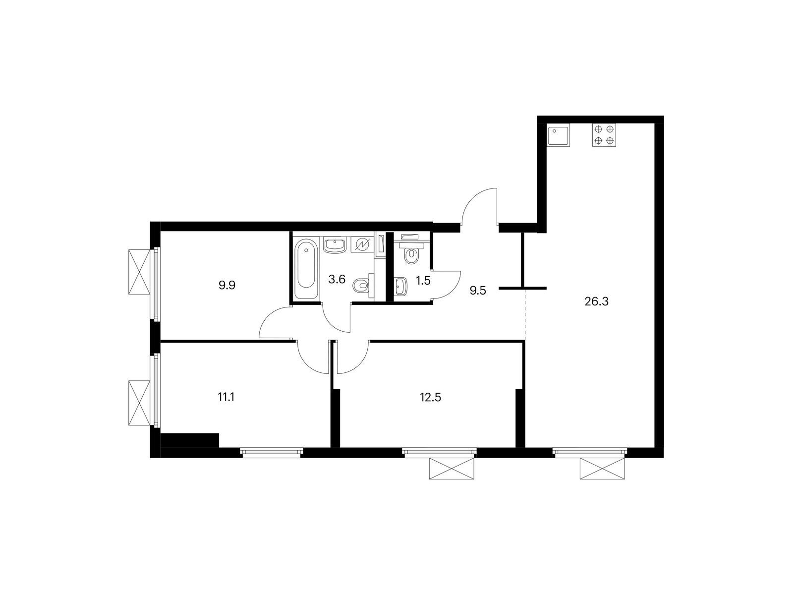 3-комнатная квартира, 74.4 кв.м, Михайловский парк