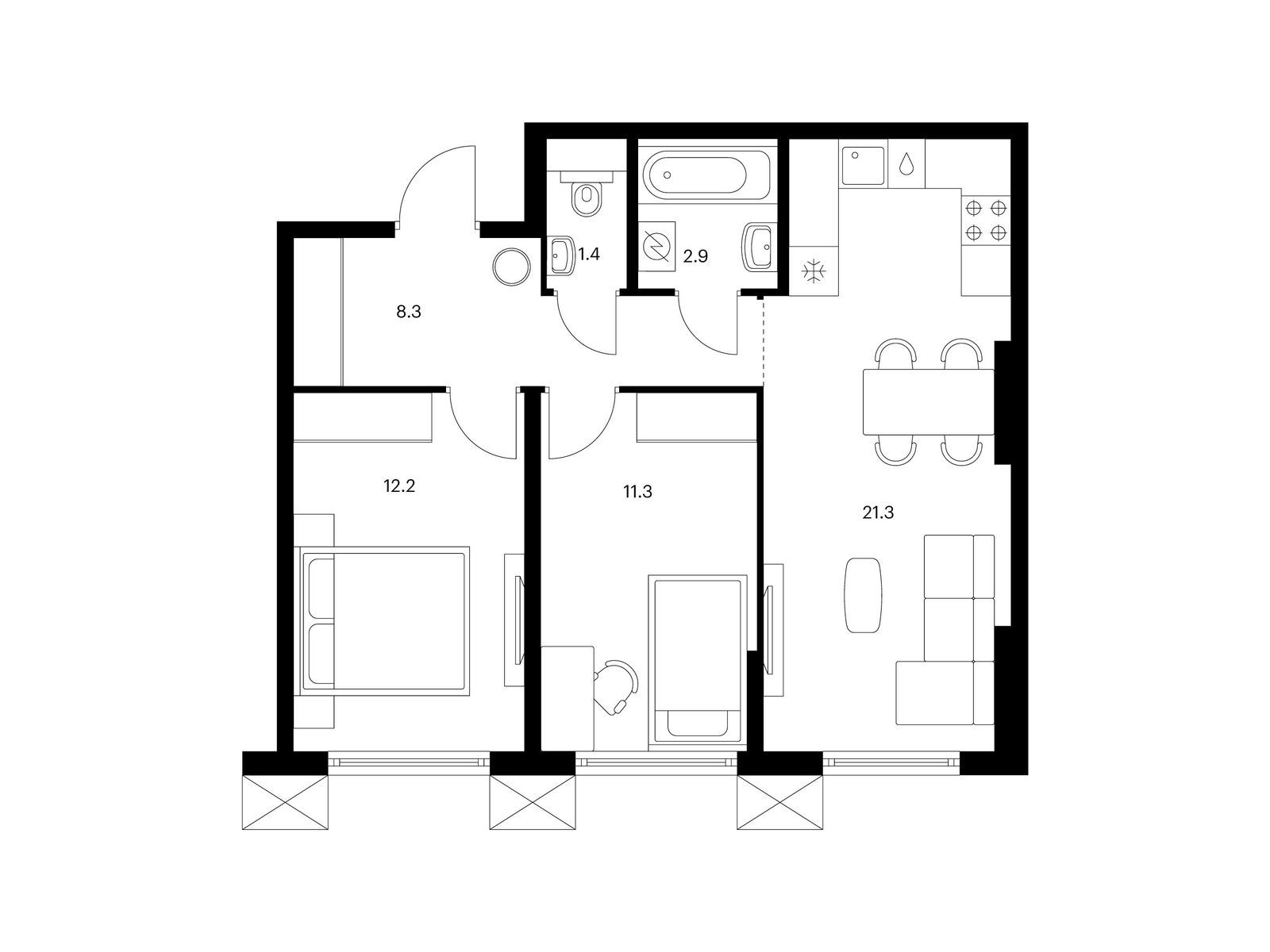 2-комнатная квартира, 57.4 кв.м, Середневский лес