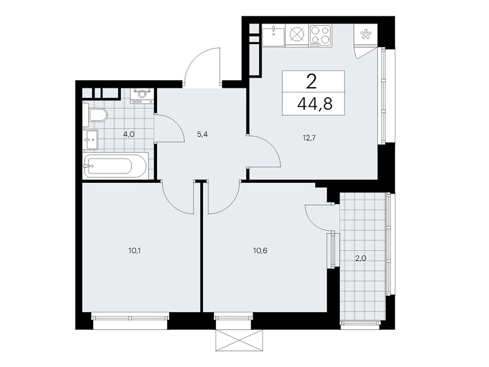 2-комнатная, 44.8 м2, ЖК «Дзен-кварталы» 2-комнатная, 44.8 м2, ЖК «Дзен-кварталы»