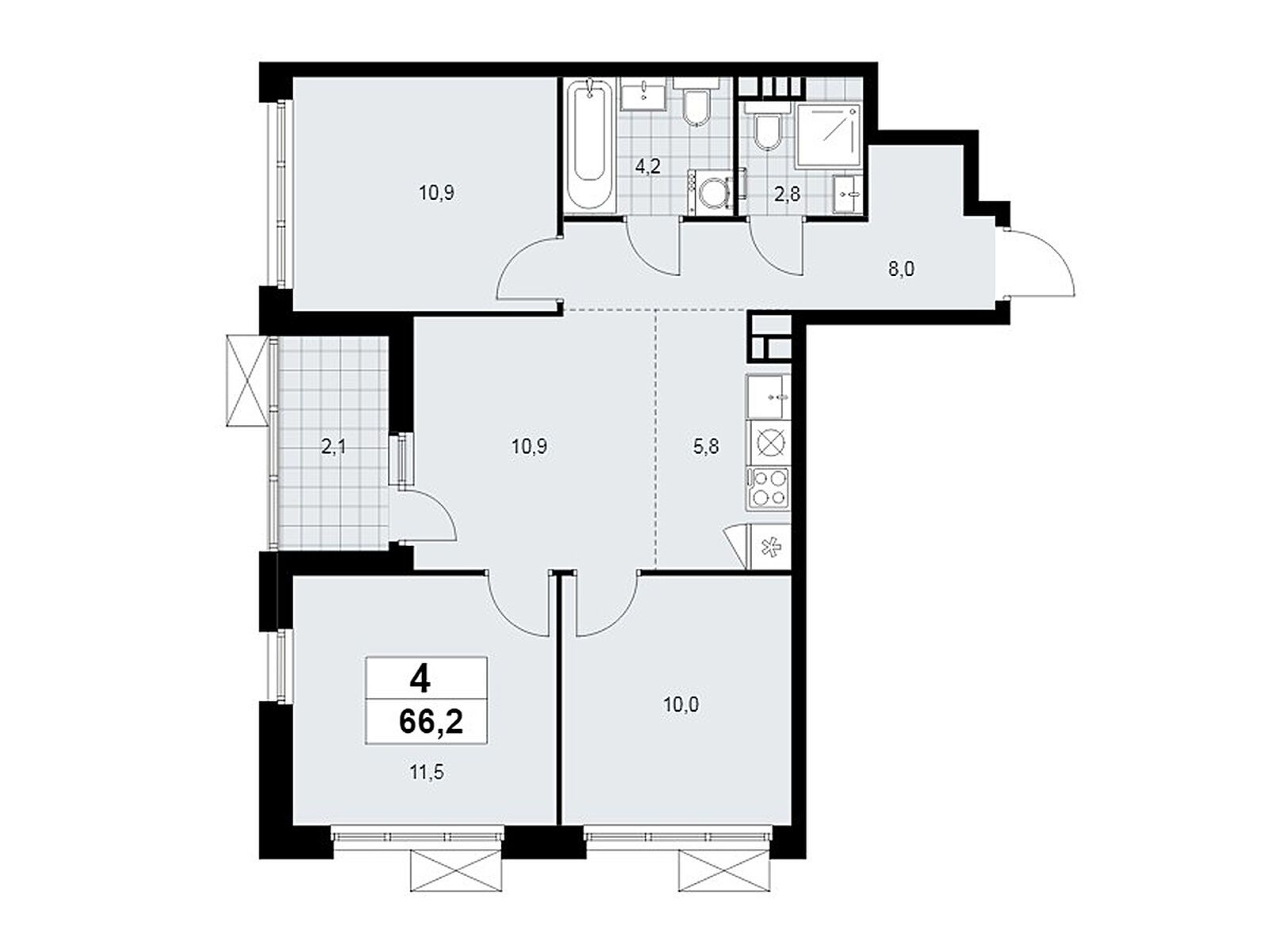 4-комнатная, 66.2 м2, ЖК «Скандинавия»