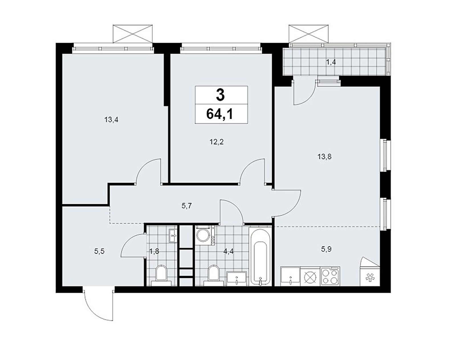 3-комнатная, 64.1 м2, ЖК «Скандинавия»
