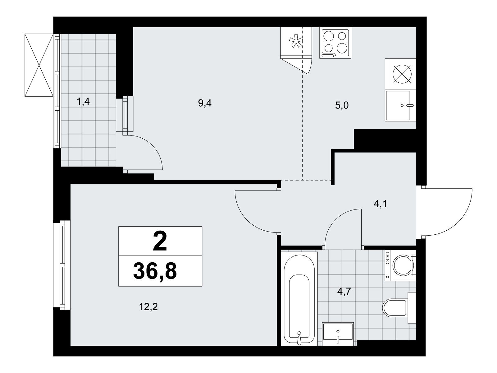 2-комнатная, 36.8 м2, ЖК «Дзен-кварталы» 2-комнатная, 36.8 м2, ЖК «Дзен-кварталы»