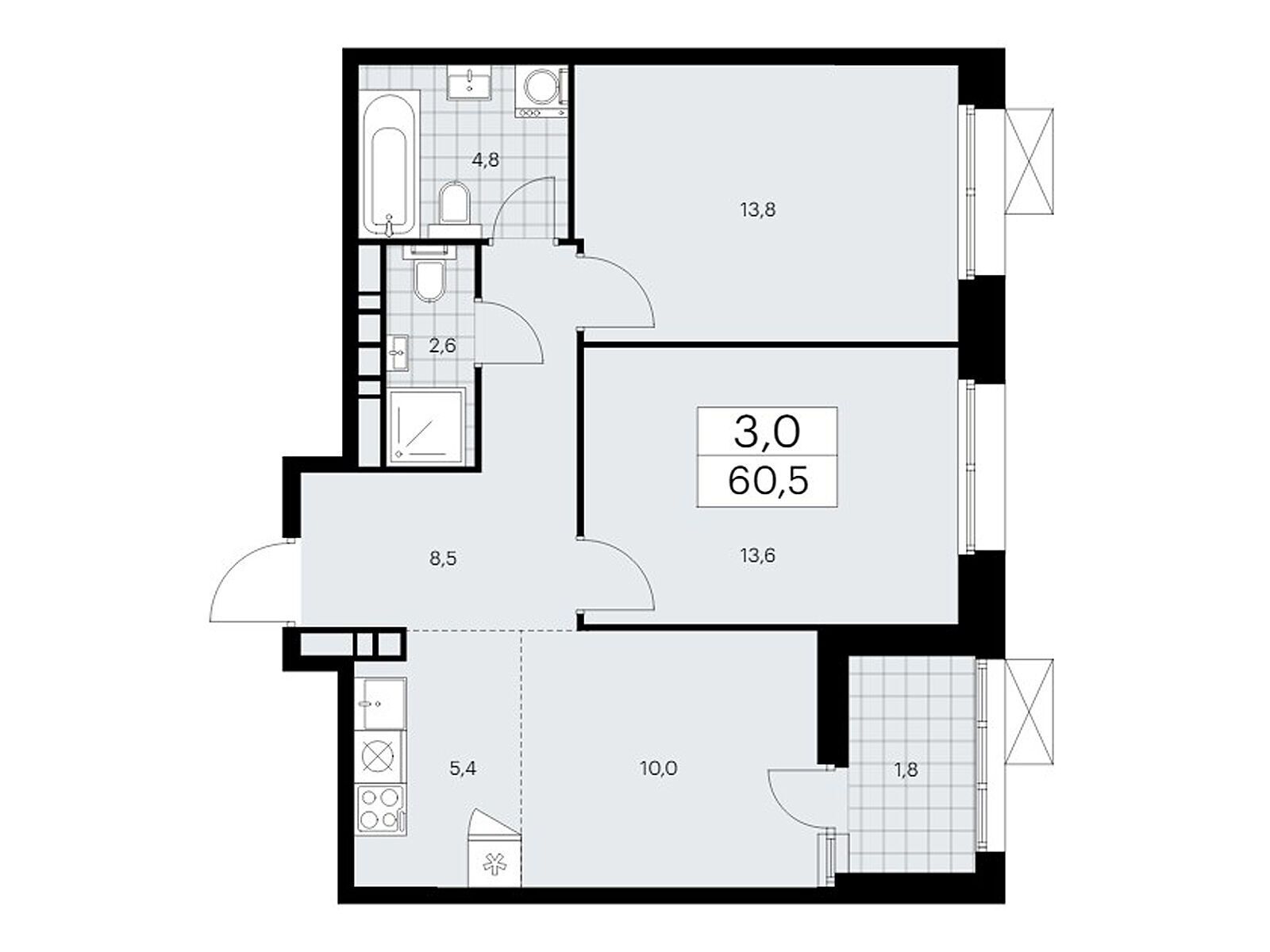 3-комнатная, 60.3 м2, ЖК «Бунинские Кварталы»