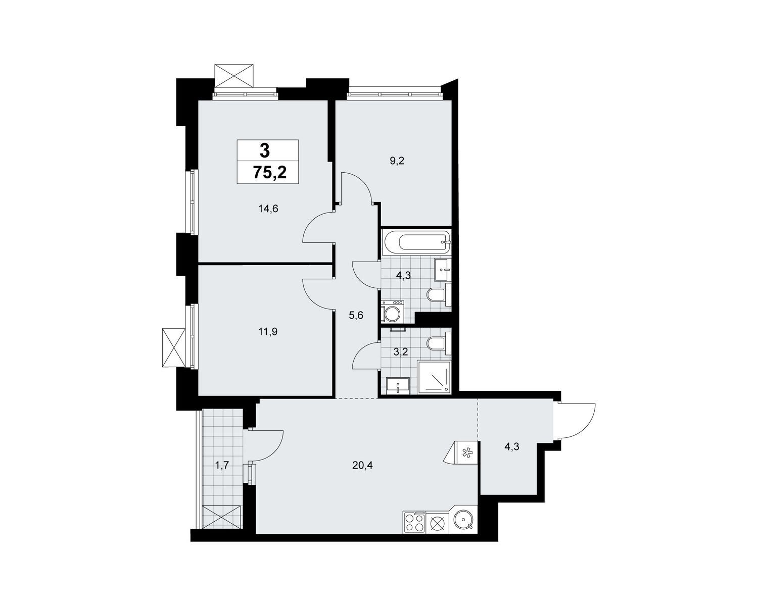 3-комнатная, 75.2 м2, ЖК «Деснаречье» 3-комнатная, 75.2 м2, ЖК «Деснаречье»
