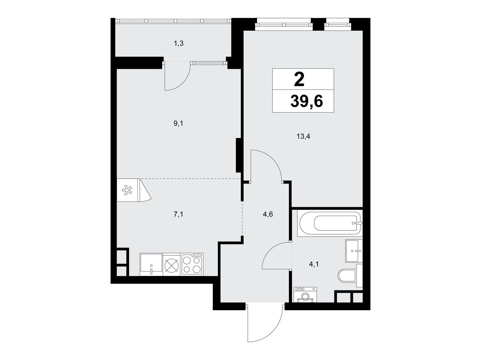 2-комнатная, 39.6 м², 15 этаж из 15, ЖК «Деснаречье»