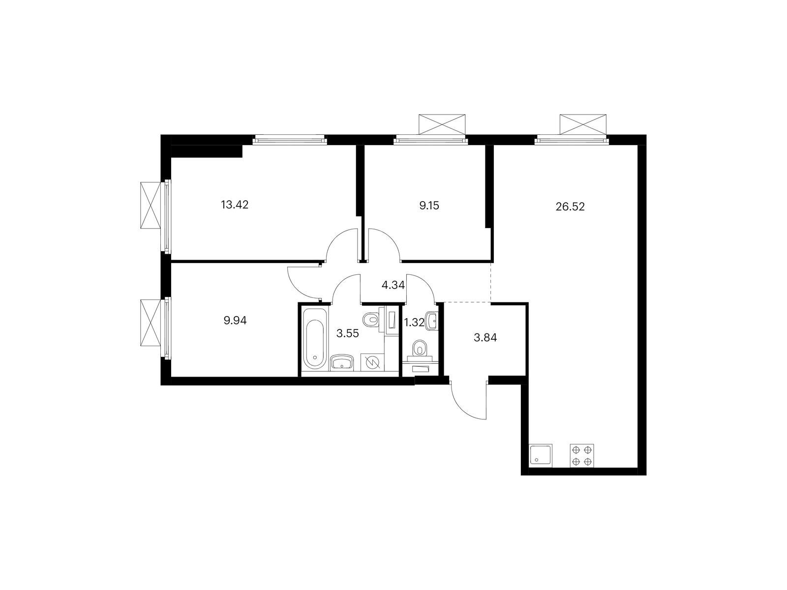 3-комнатная квартира, 72.08 кв.м, Ютаново