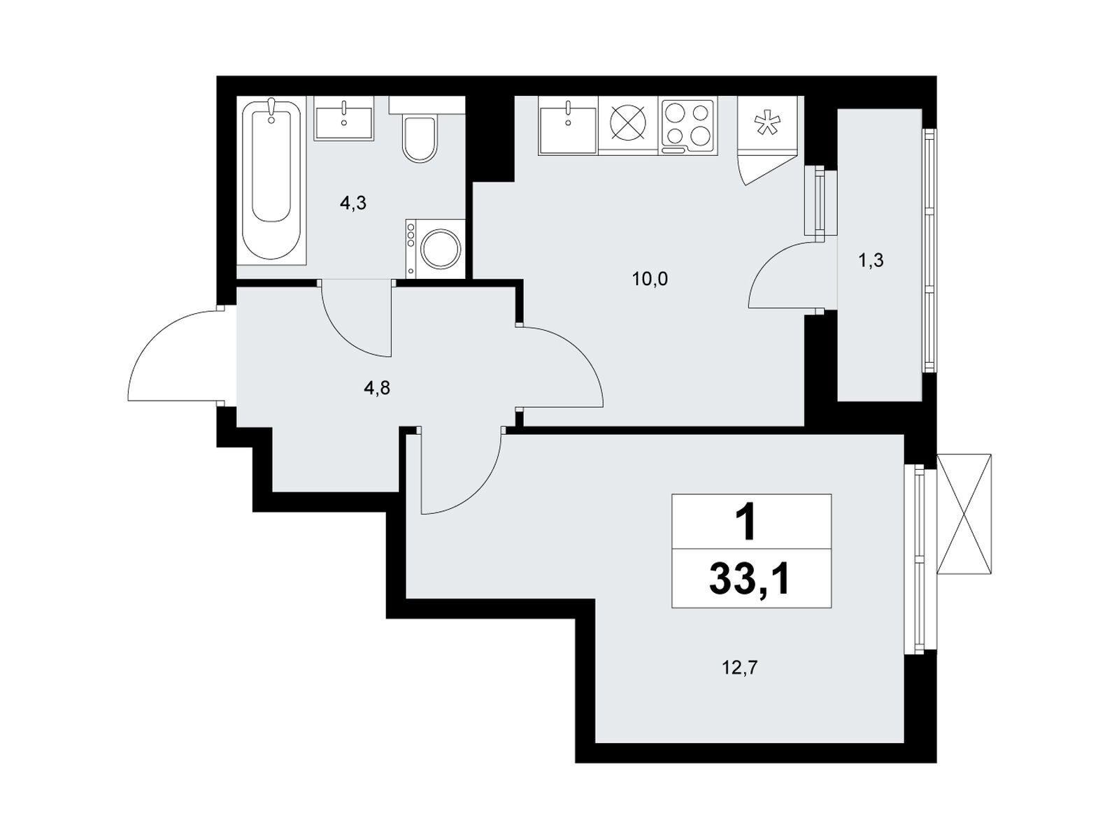 1-комнатная квартира, 33.1 кв.м, ЖК «Бунинские Кварталы» 1-комнатная квартира, 33.1 кв.м, ЖК «Бунинские Кварталы»