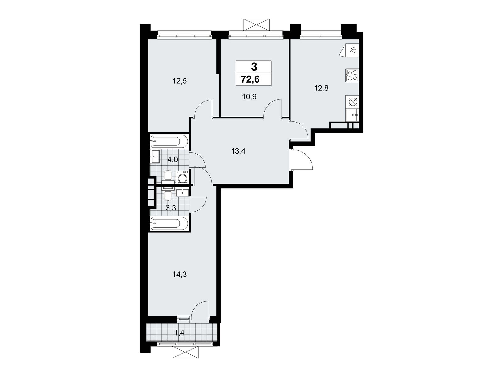 3-комнатная, 72.6 м2, ЖК «Прокшино»