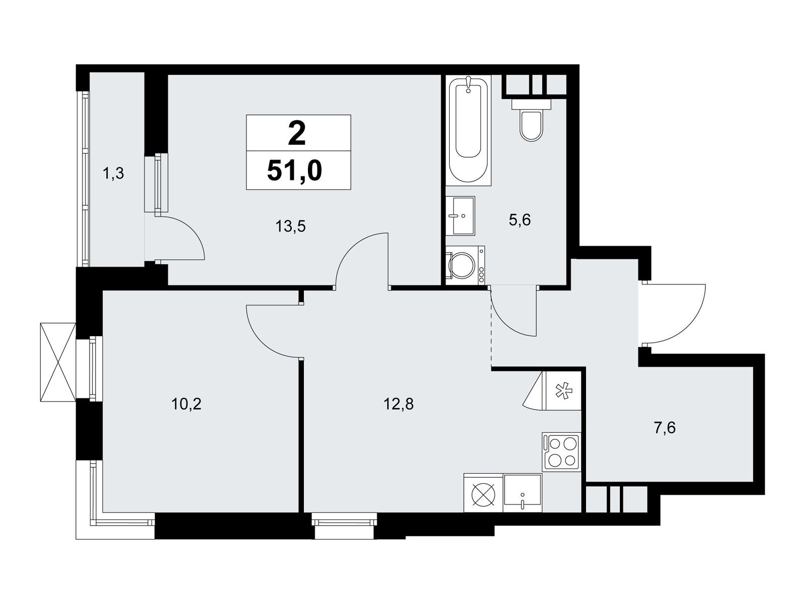 2-комнатная, 51.0 м², 15 этаж из 18, ЖК «Скандинавия»