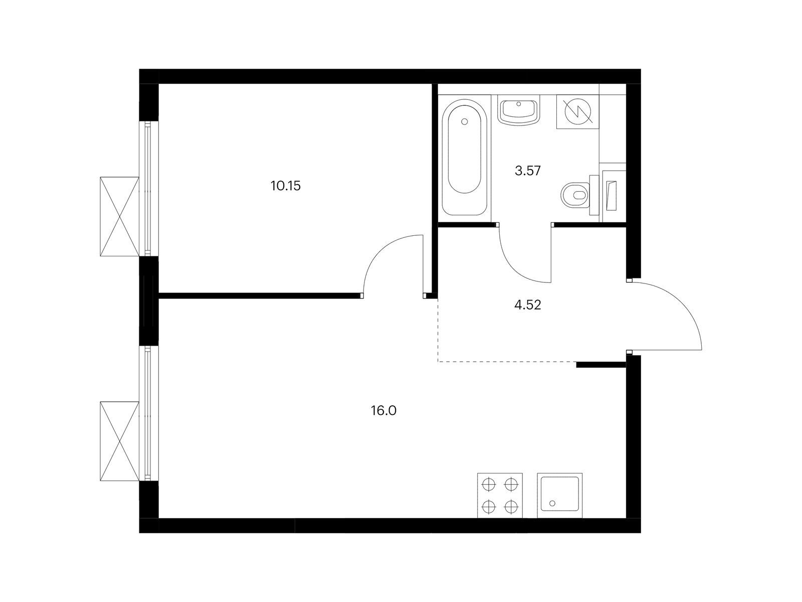 1-комнатная квартира, 34.24 кв.м, Юнино