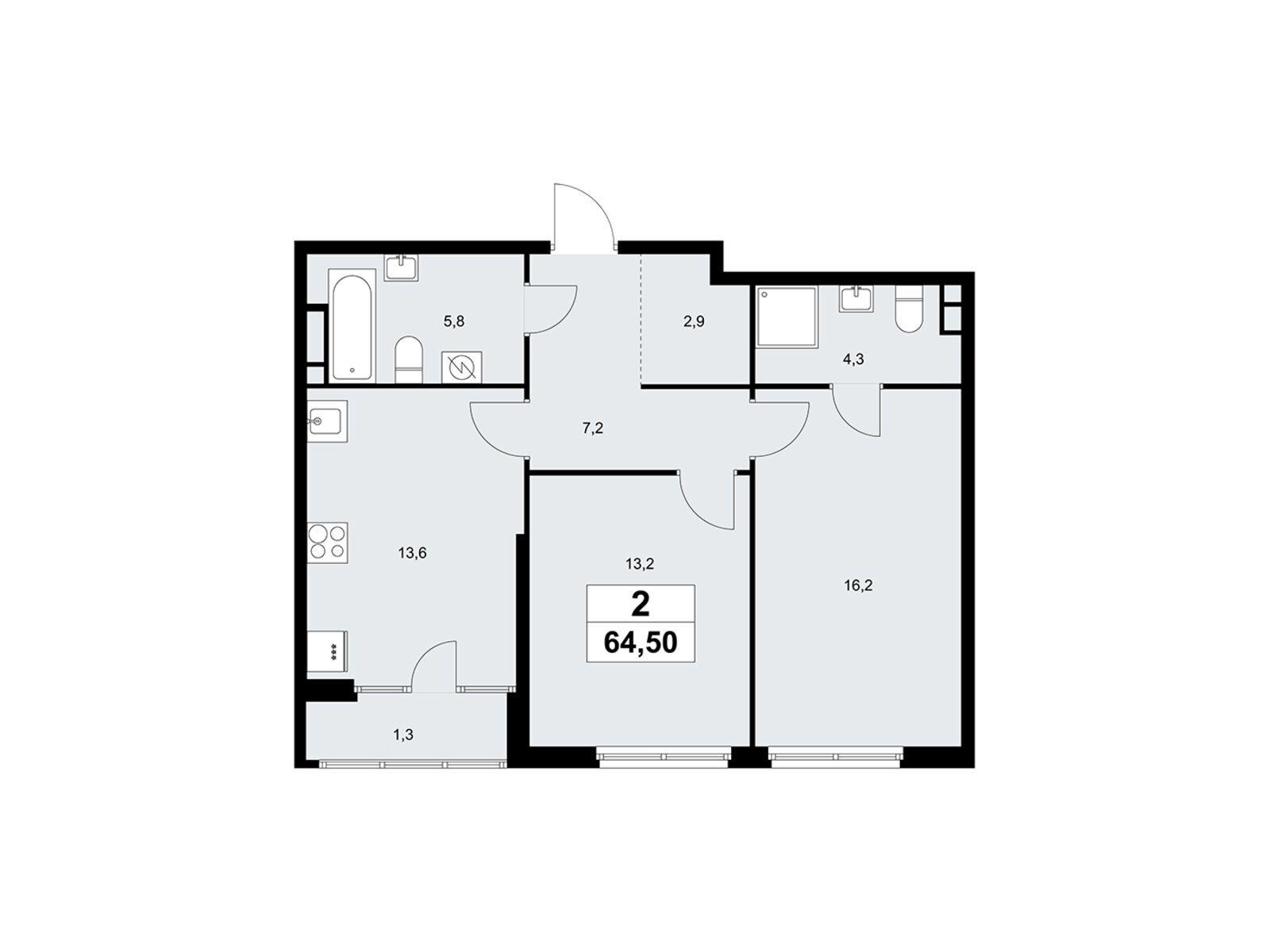 2-комнатная, 64.4 м2, «Дом на Зорге»