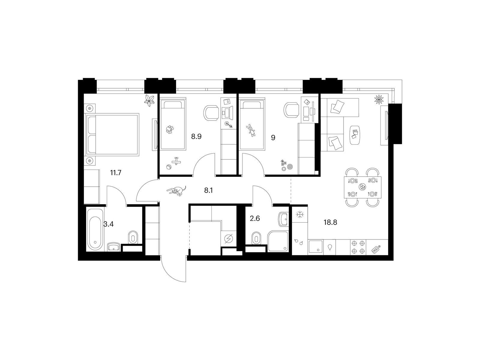 3-комнатная, 65.6 м2, Москворечье