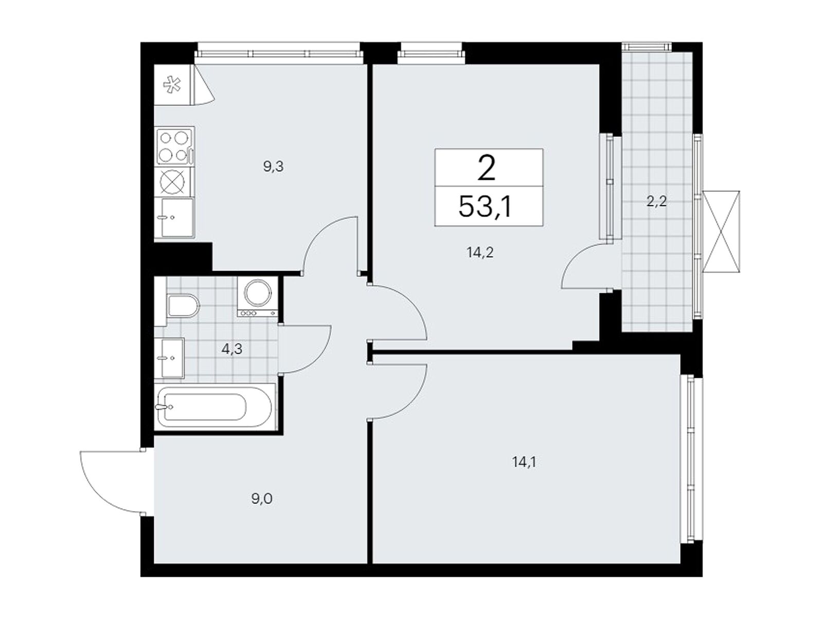 2-комнатная, 52.8 м2, ЖК «Бунинские Кварталы»