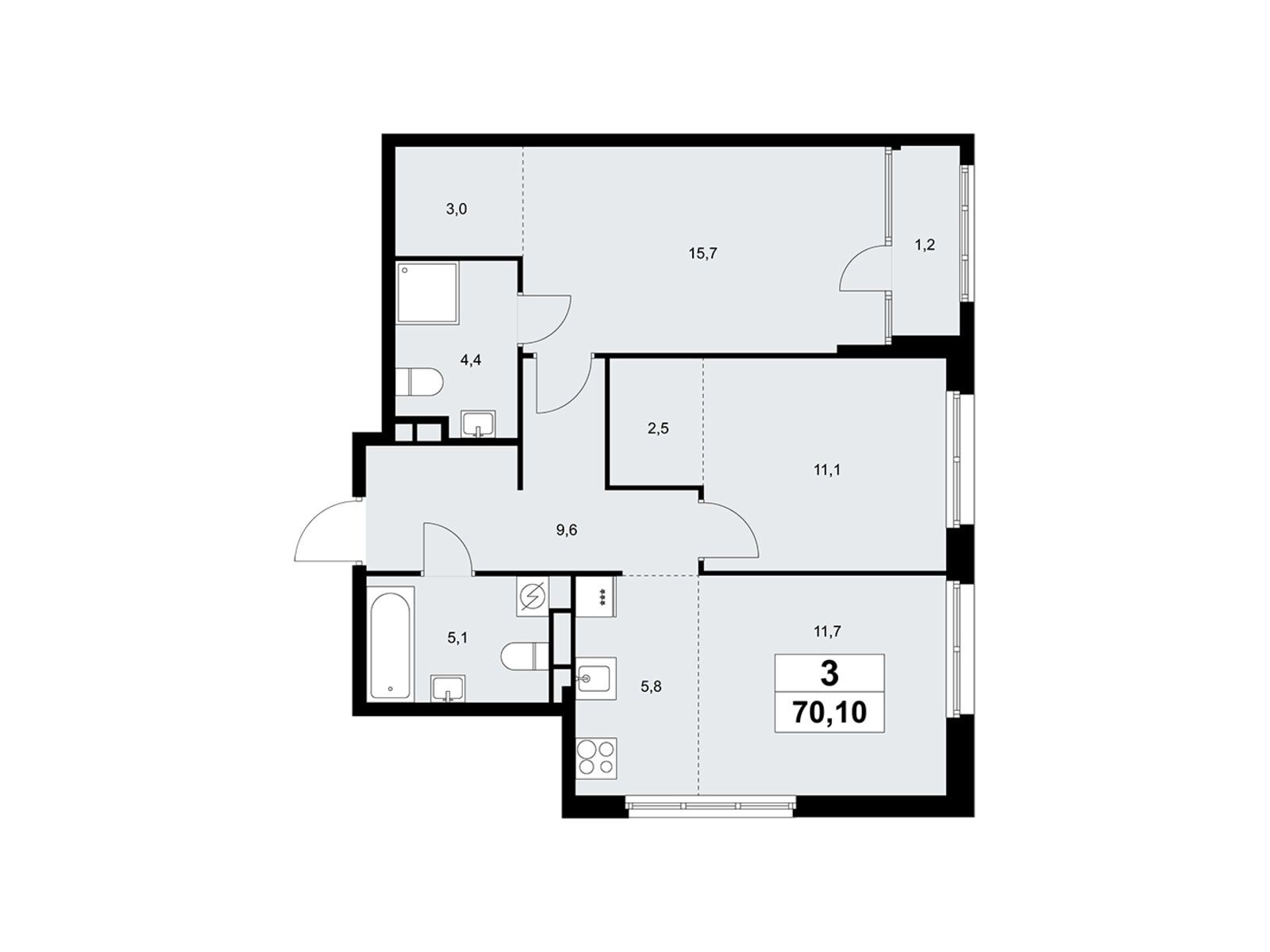 3-комнатная, 70.1 м2, «Дом на Зорге»