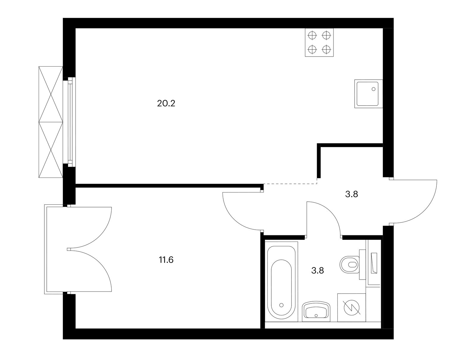 1-комнатная, 39.4 м2, Красноказарменная 15