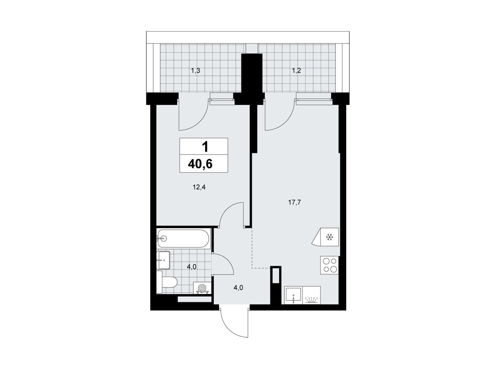1-комнатная, 40.6 м², 3 этаж из 15, ЖК «Деснаречье» 1-комнатная, 40.6 м², 3 этаж из 15, ЖК «Деснаречье»